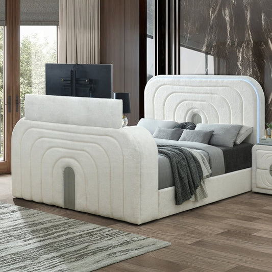 Shelyn White Teddy Sherpa & Chrome EK Bed w/LED, TV Cabinet, Fireplace & Bluetooth - 1st Choice Furniture Direct
