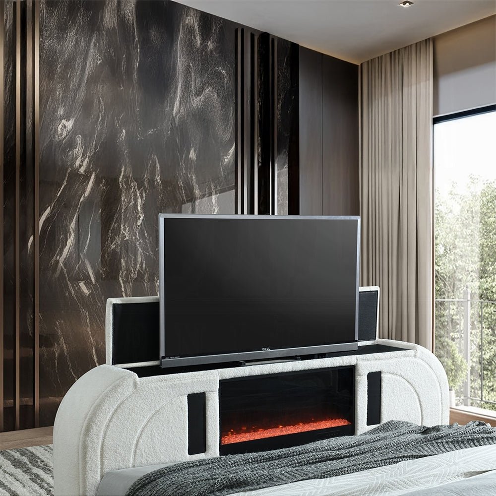 Shelyn White Teddy Sherpa & Chrome EK Bed w/LED, TV Cabinet, Fireplace & Bluetooth - 1st Choice Furniture Direct