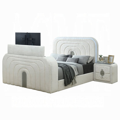 Shelyn White Teddy Sherpa & Chrome EK Bed w/LED, TV Cabinet, Fireplace & Bluetooth - 1st Choice Furniture Direct