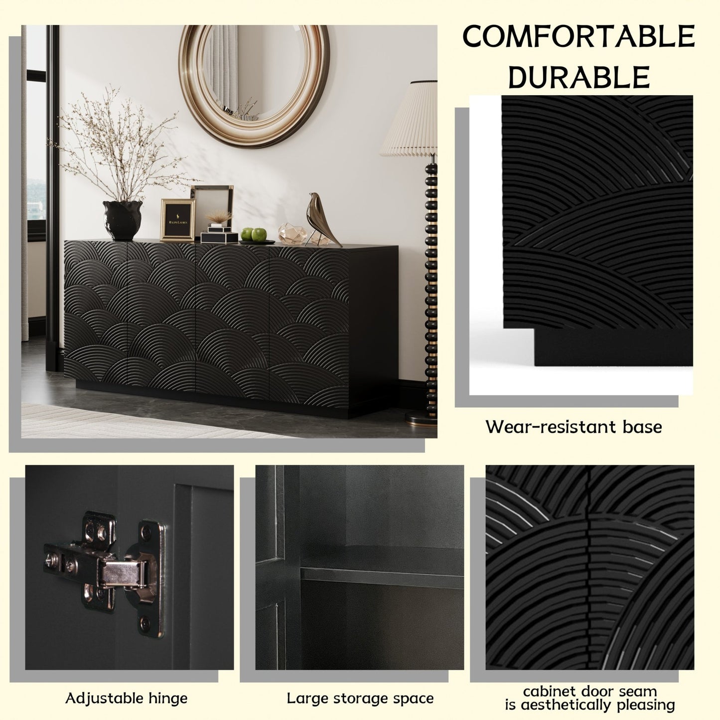 Sideboard Buffet Cabinet, 4 Doors Modern Accent Storage Sideboard, Luxurious Floor Cabinet Buffet with Freestanding Anti Dumping for Kitchen, Living Room, 59' Wide Rectangular Buffet Table(Black) - 1st Choice Furniture Direct