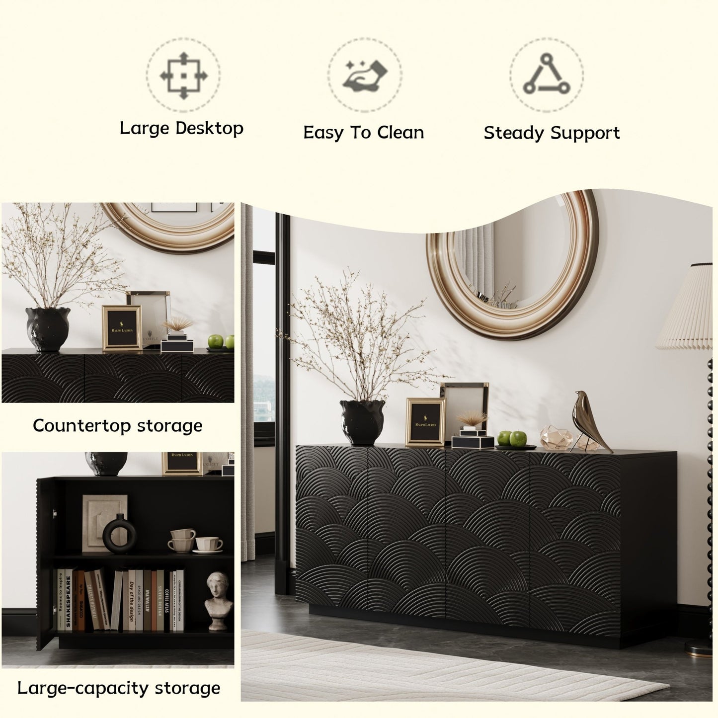 Sideboard Buffet Cabinet, 4 Doors Modern Accent Storage Sideboard, Luxurious Floor Cabinet Buffet with Freestanding Anti Dumping for Kitchen, Living Room, 59' Wide Rectangular Buffet Table(Black) - 1st Choice Furniture Direct