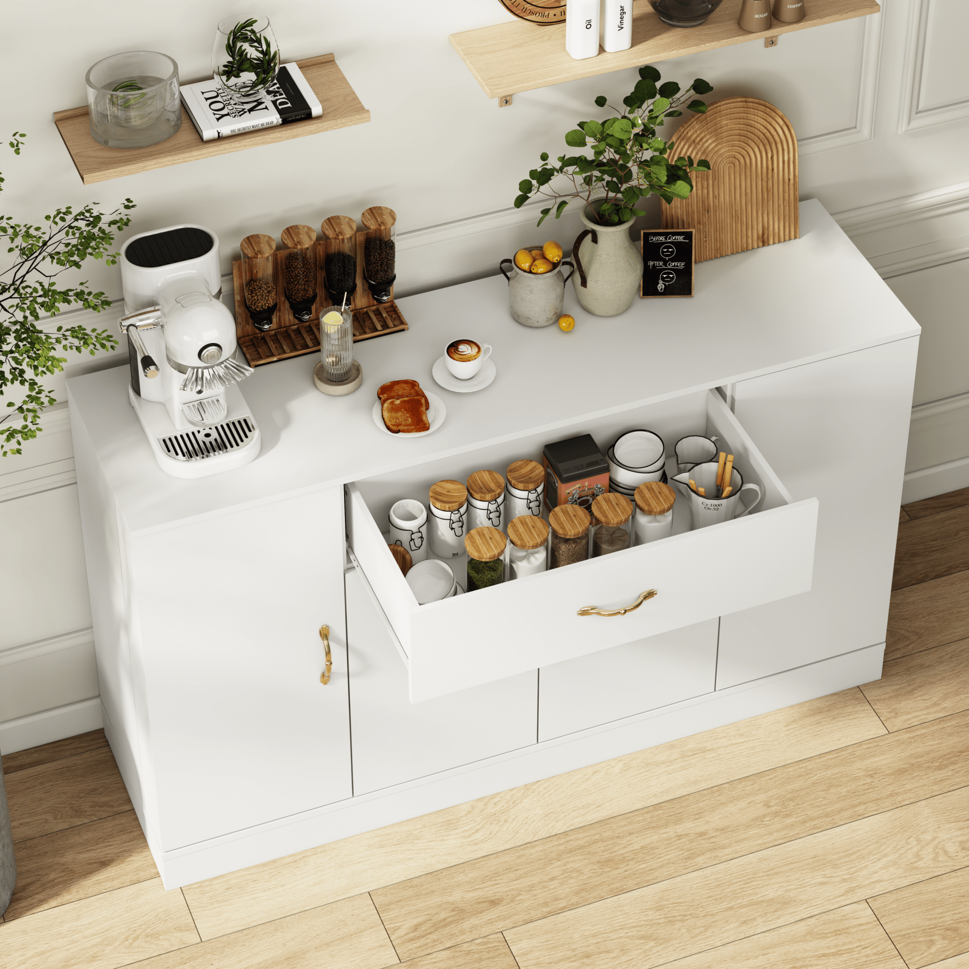 Sideboard Buffet Cabinet with Storage, Large Kitchen Storage Cabinet with 1 Drawer and 4 Doors, Modern Coffee Bar for Kitchen Dining Room, White - 1st Choice Furniture Direct