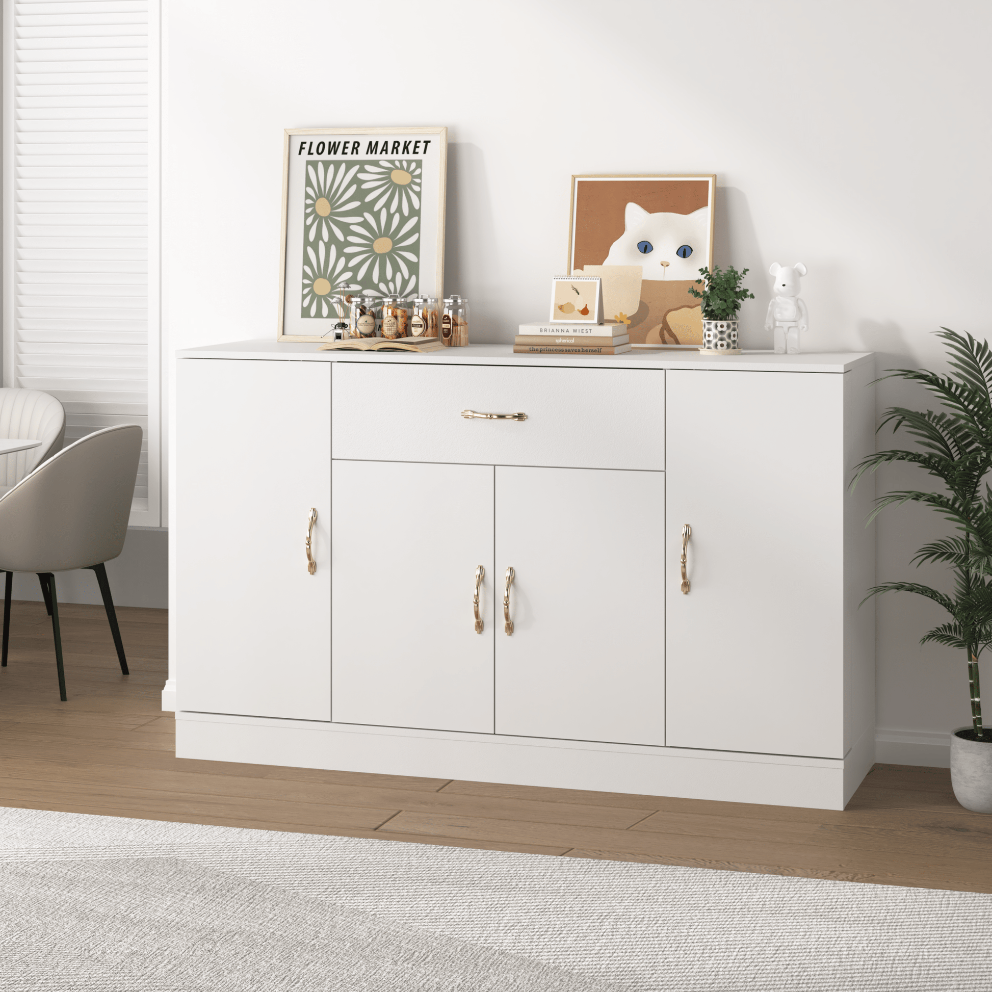 Sideboard Buffet Cabinet with Storage, Large Kitchen Storage Cabinet with 1 Drawer and 4 Doors, Modern Coffee Bar for Kitchen Dining Room, White - 1st Choice Furniture Direct