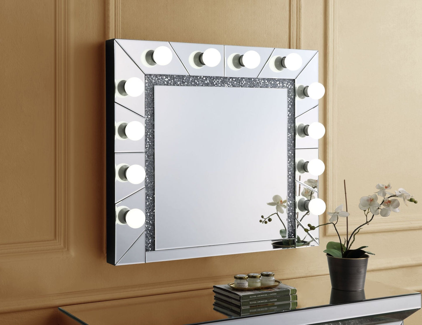 Silver Hollywood Vanity Mirror with Faux Diamond Inlay - 1st Choice Furniture Direct