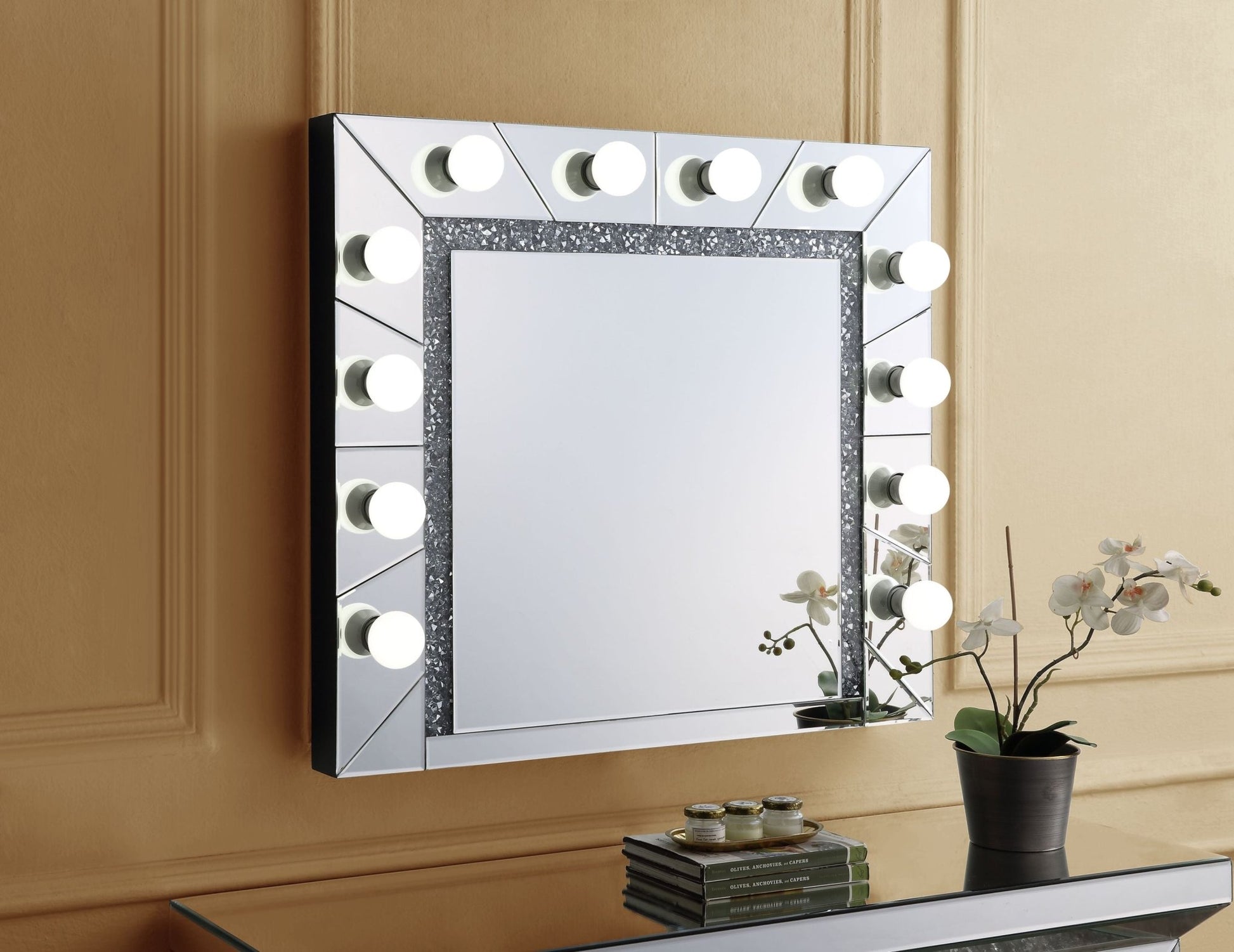 Silver Hollywood Vanity Mirror with Faux Diamond Inlay - 1st Choice Furniture Direct