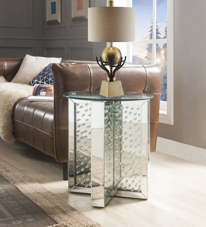 Silver Mirrored End Table with Faux Crystal Inlay & Glass Top - 1st Choice Furniture Direct