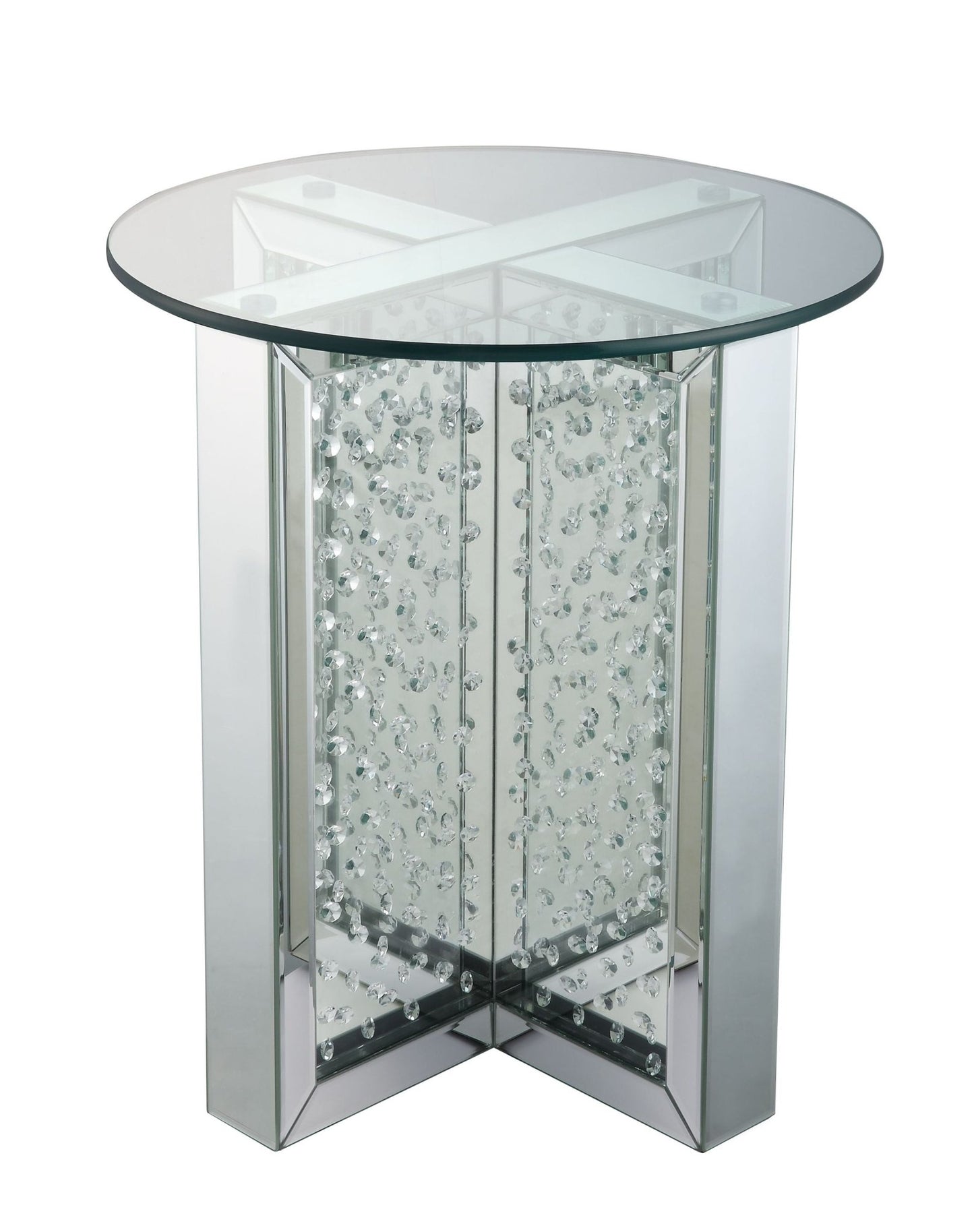 Silver Mirrored End Table with Faux Crystal Inlay & Glass Top - 1st Choice Furniture Direct
