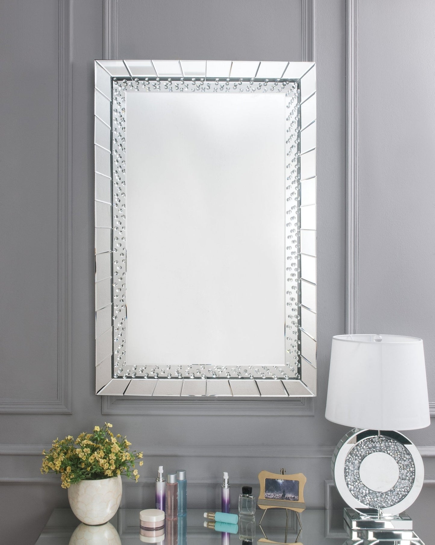 Silver Rectangular Wall Mirror with Crystal Trim - 1st Choice Furniture Direct