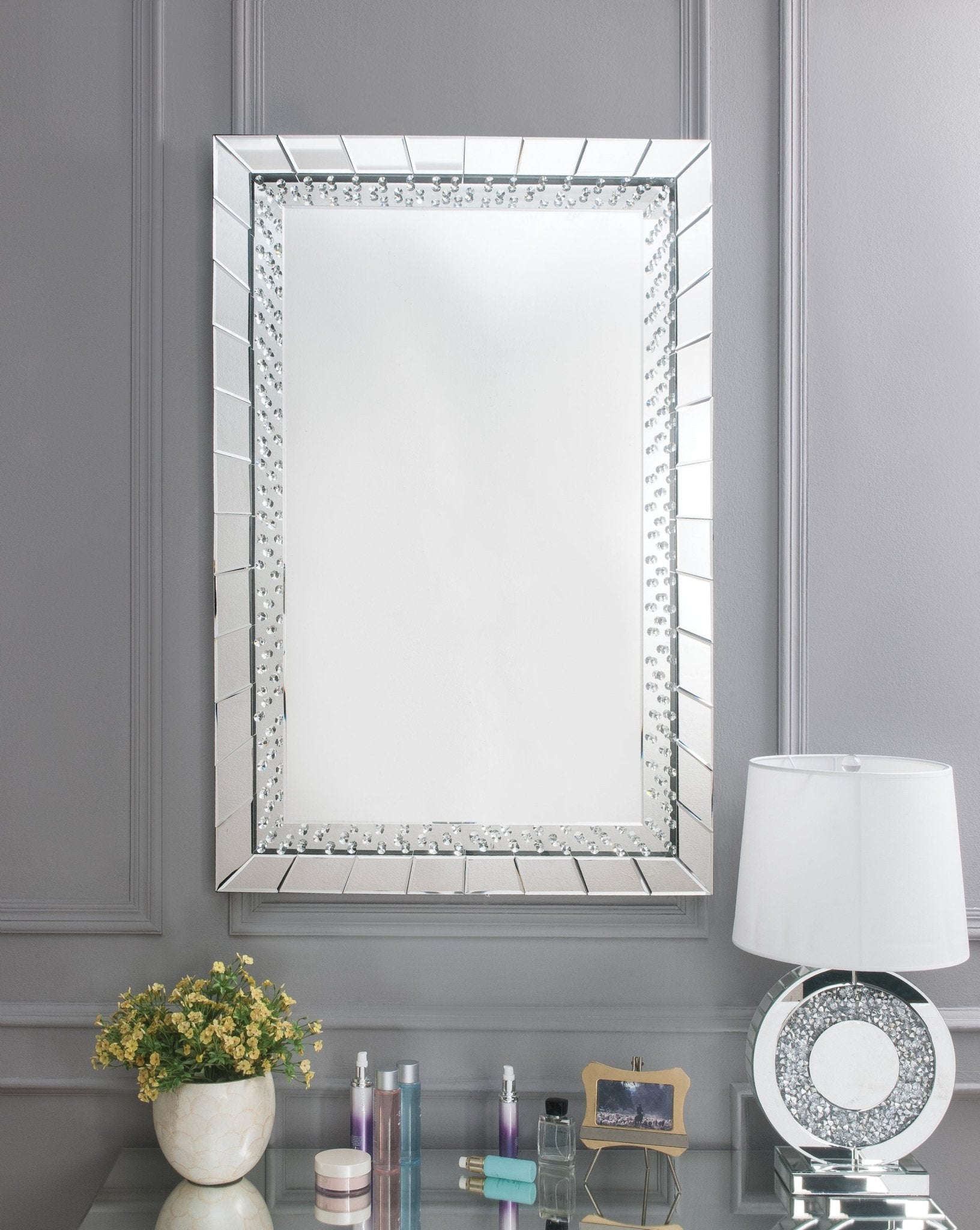 Silver Rectangular Wall Mirror with Crystal Trim - 1st Choice Furniture Direct