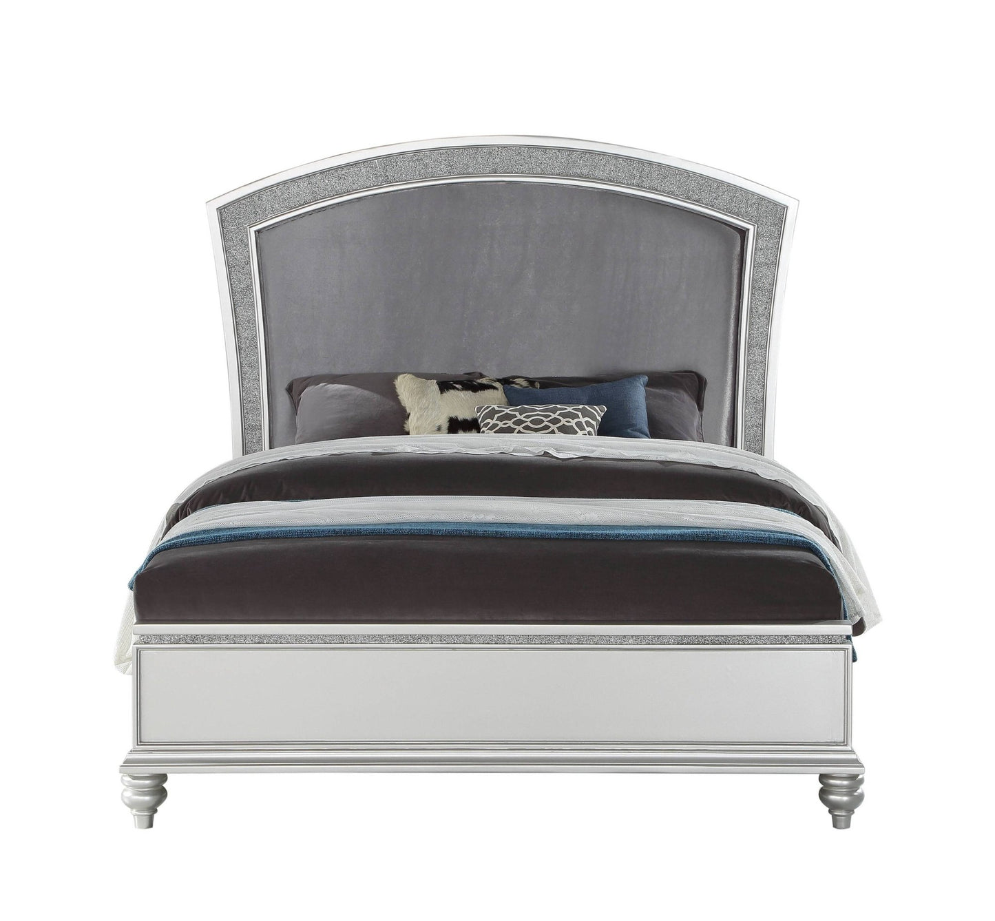 Silver Upholstered Eastern King Panel Bed with Rhinestone Headboard - 1st Choice Furniture Direct