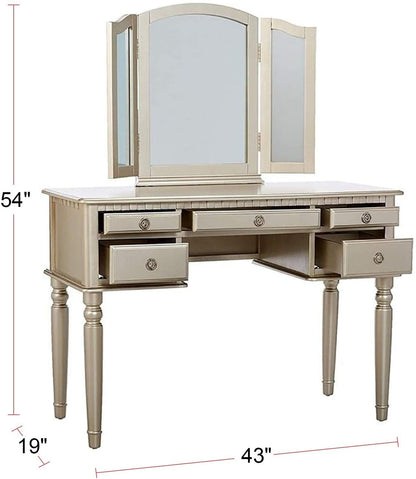 Silver Vanity Set with Mirror & Stool | 5 Drawer Bedroom Makeup Vanity Table - 1st Choice Furniture Direct