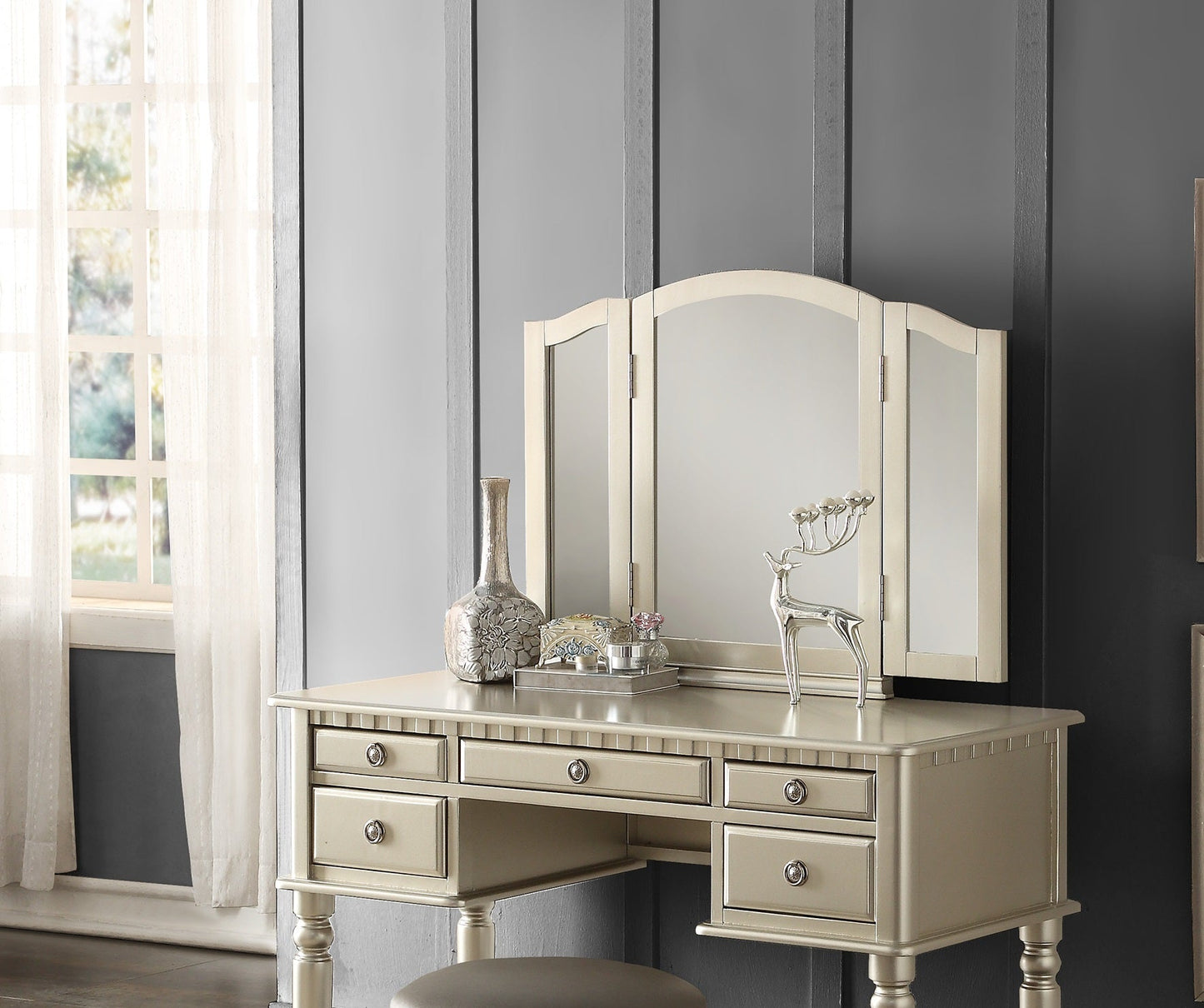 Silver Vanity Set with Mirror & Stool | 5 Drawer Bedroom Makeup Vanity Table - 1st Choice Furniture Direct