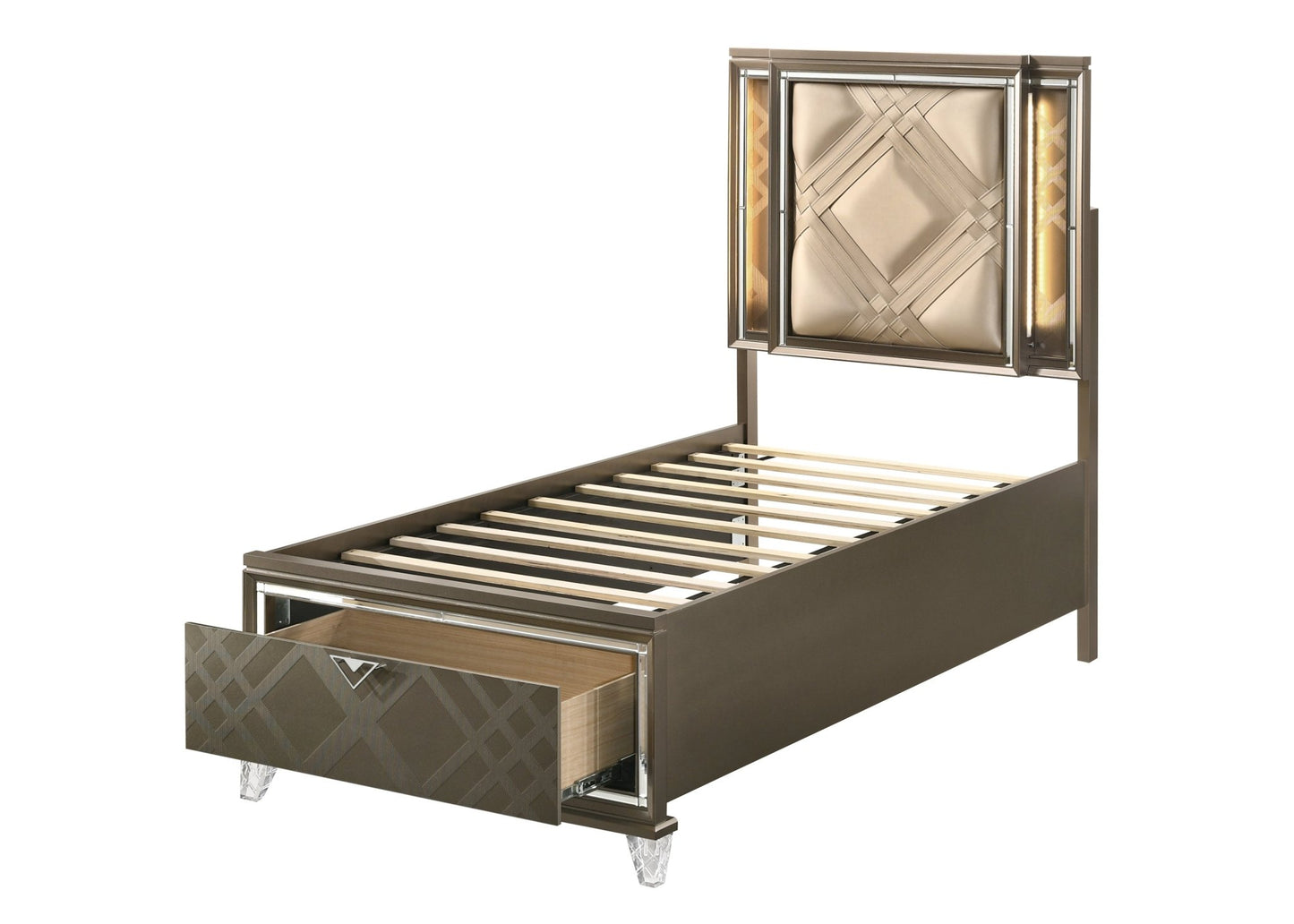 Skylar Synthetic leather & Dark Champagne Finish Full Bed W/Led & Storage - 1st Choice Furniture Direct