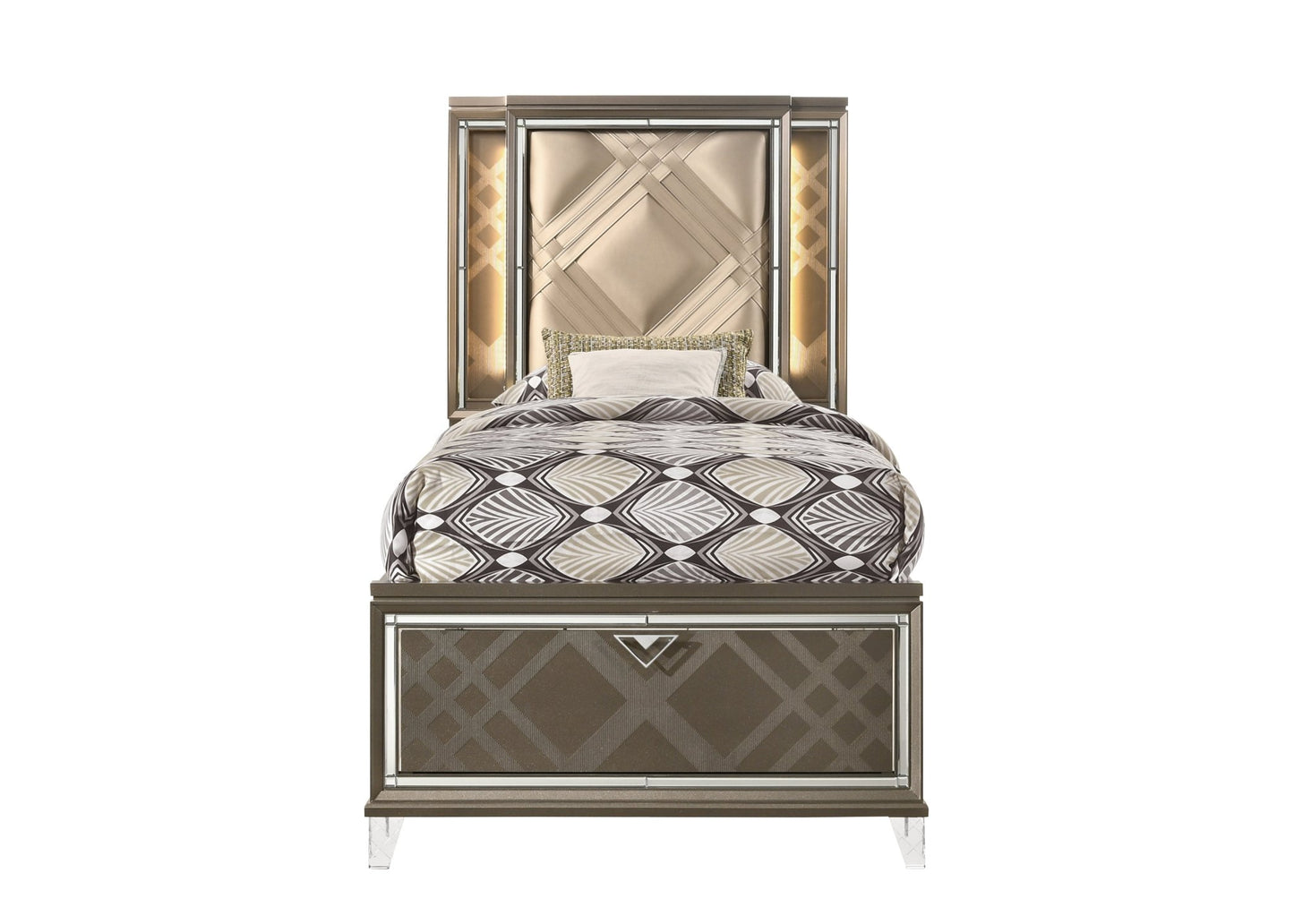 Skylar Synthetic leather & Dark Champagne Finish Full Bed W/Led & Storage - 1st Choice Furniture Direct