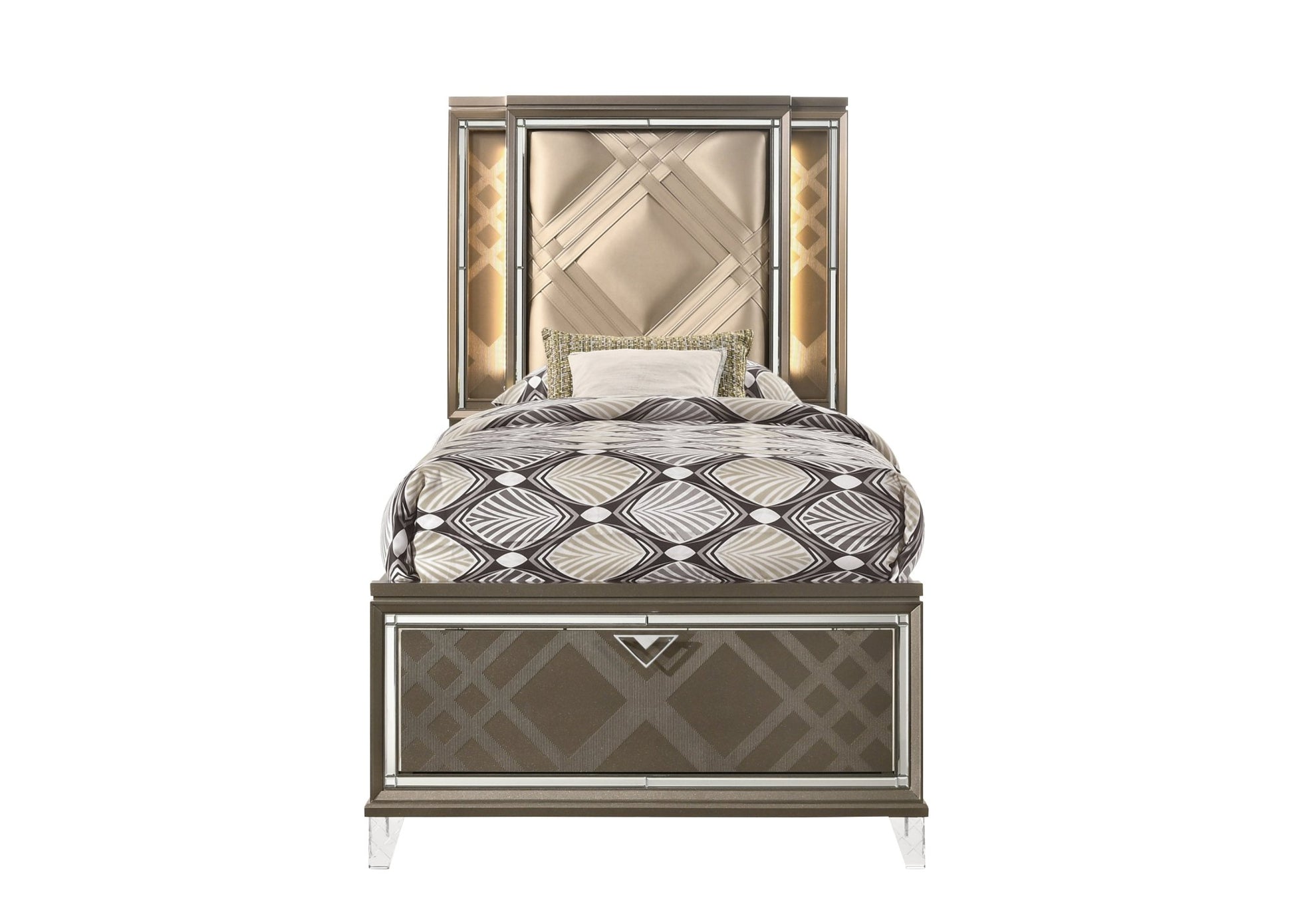 Skylar Synthetic leather & Dark Champagne Finish Full Bed W/Led & Storage - 1st Choice Furniture Direct