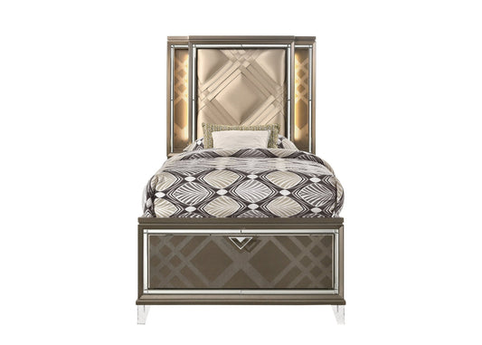 Skylar Synthetic leather & Dark Champagne Finish Full Bed W/Led & Storage - 1st Choice Furniture Direct