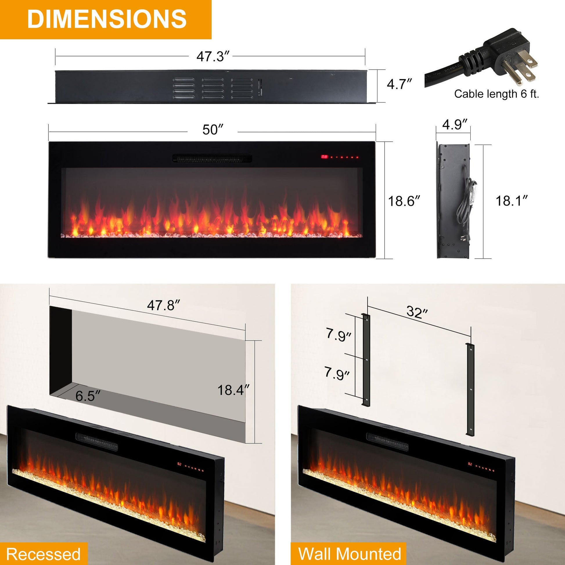 Smart 50' WiFi - Enabled Electric Fireplace Heater, Recessed in - Wall and Wall - Mounted - 1st Choice Furniture Direct
