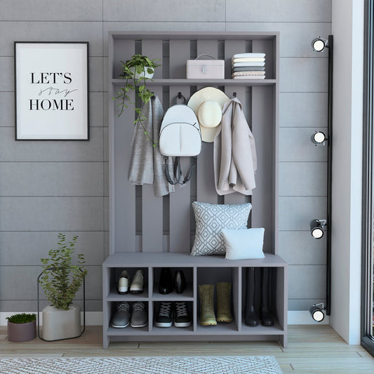 Smoke Grey Hall Tree with Shoe Storage, Coat Hooks & Top Shelf - 1st Choice Furniture Direct