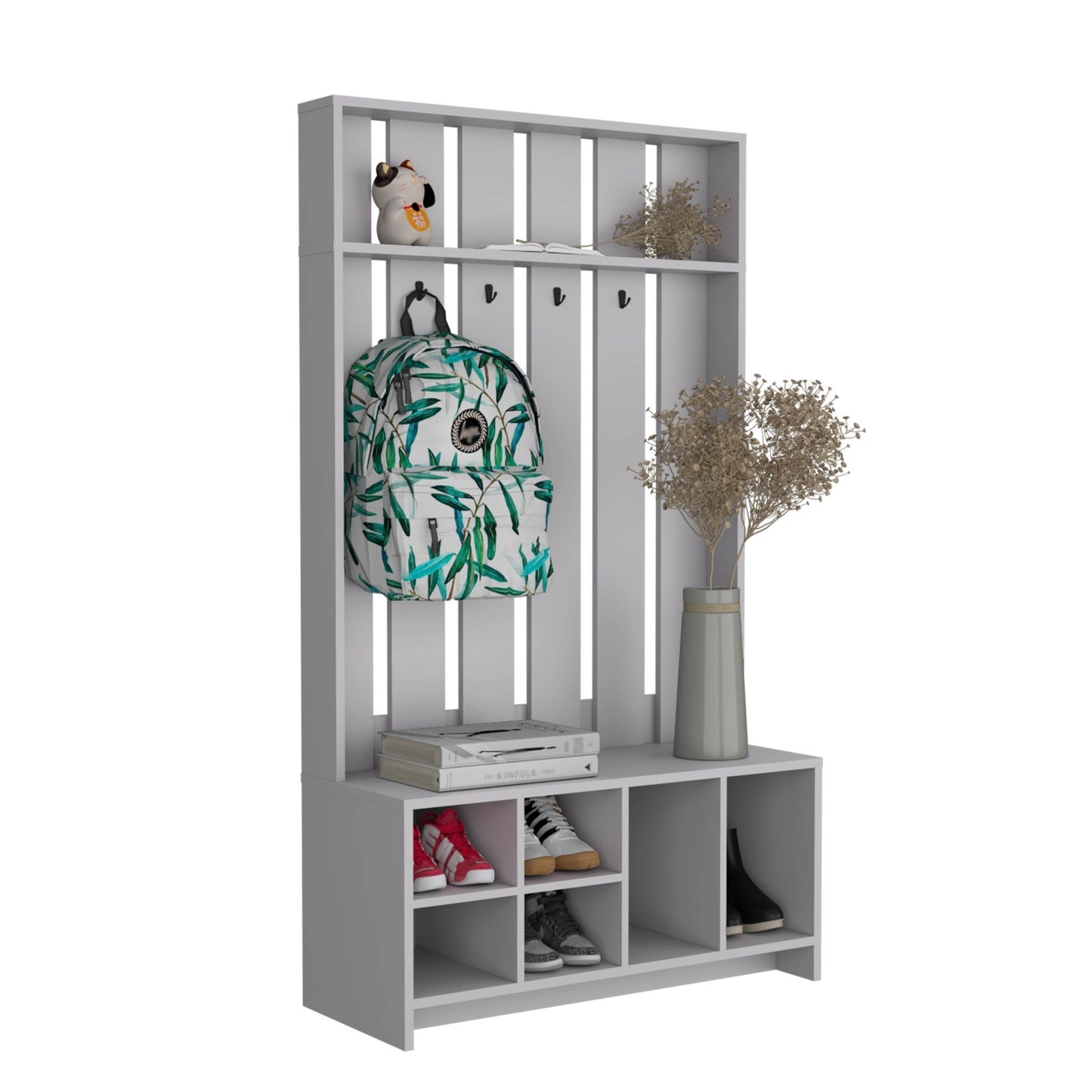 Smoke Grey Hall Tree with Shoe Storage, Coat Hooks & Top Shelf - 1st Choice Furniture Direct