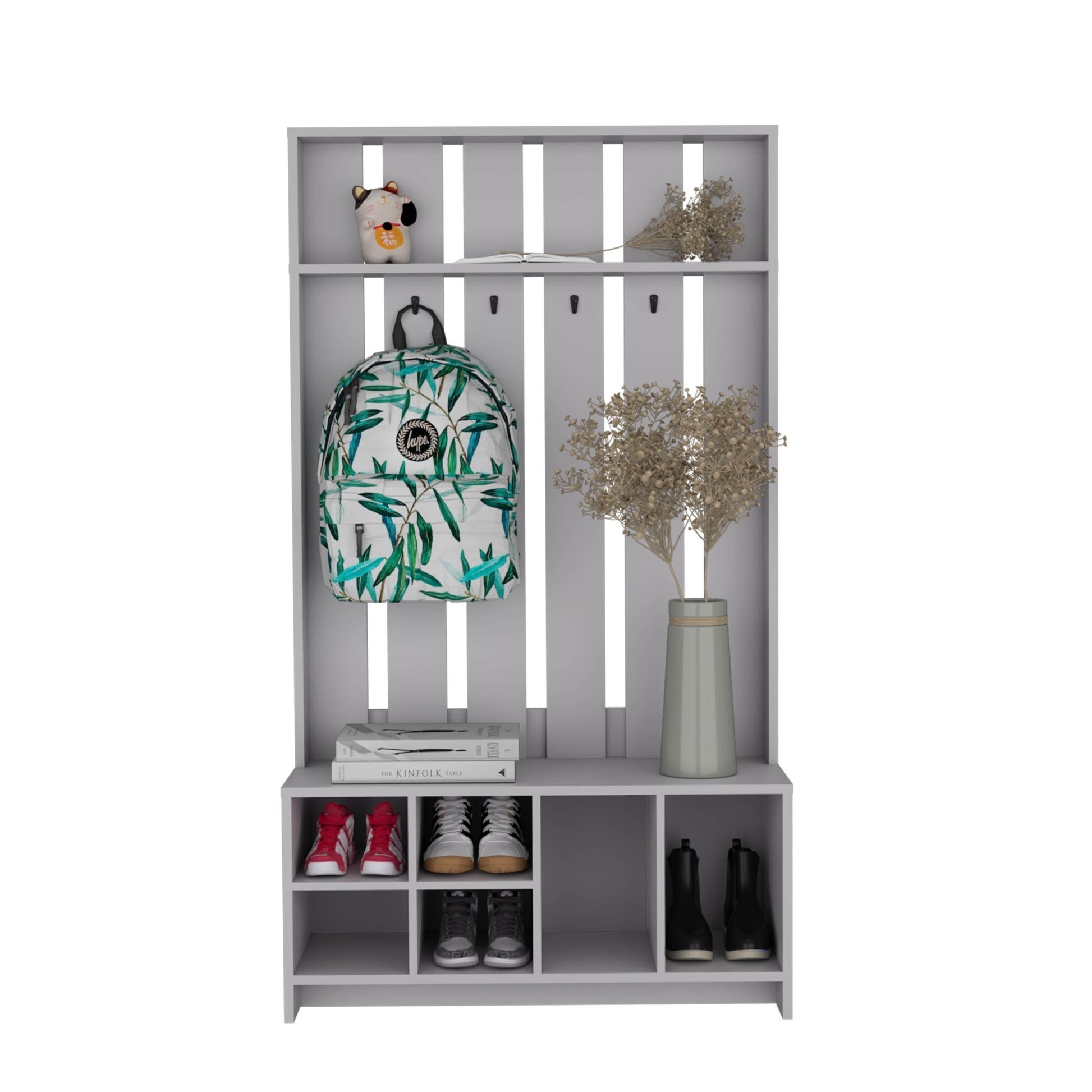 Smoke Grey Hall Tree with Shoe Storage, Coat Hooks & Top Shelf - 1st Choice Furniture Direct