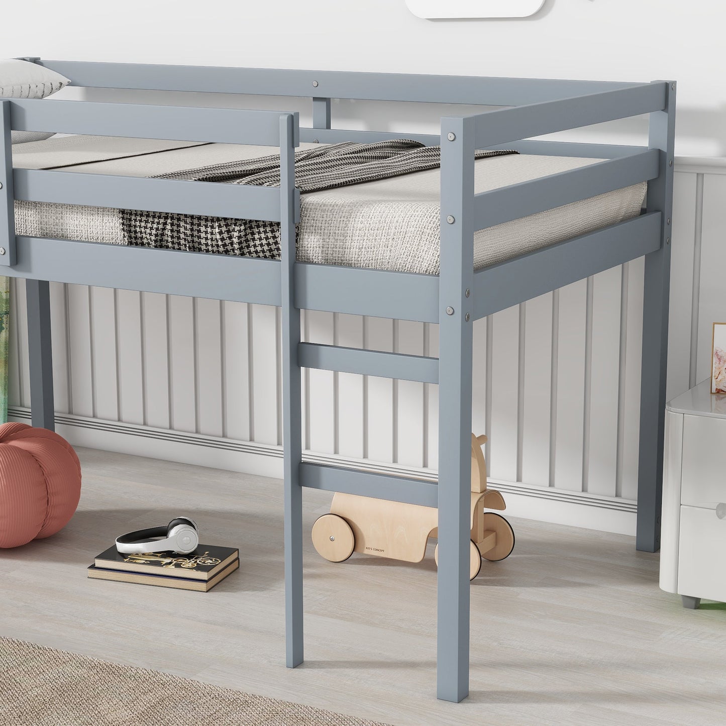 Solid Wooden, Rubber Wooden Twin Loft Bed with Ladder, Bed Platform of Strengthened Slats , Grey - 1st Choice Furniture Direct