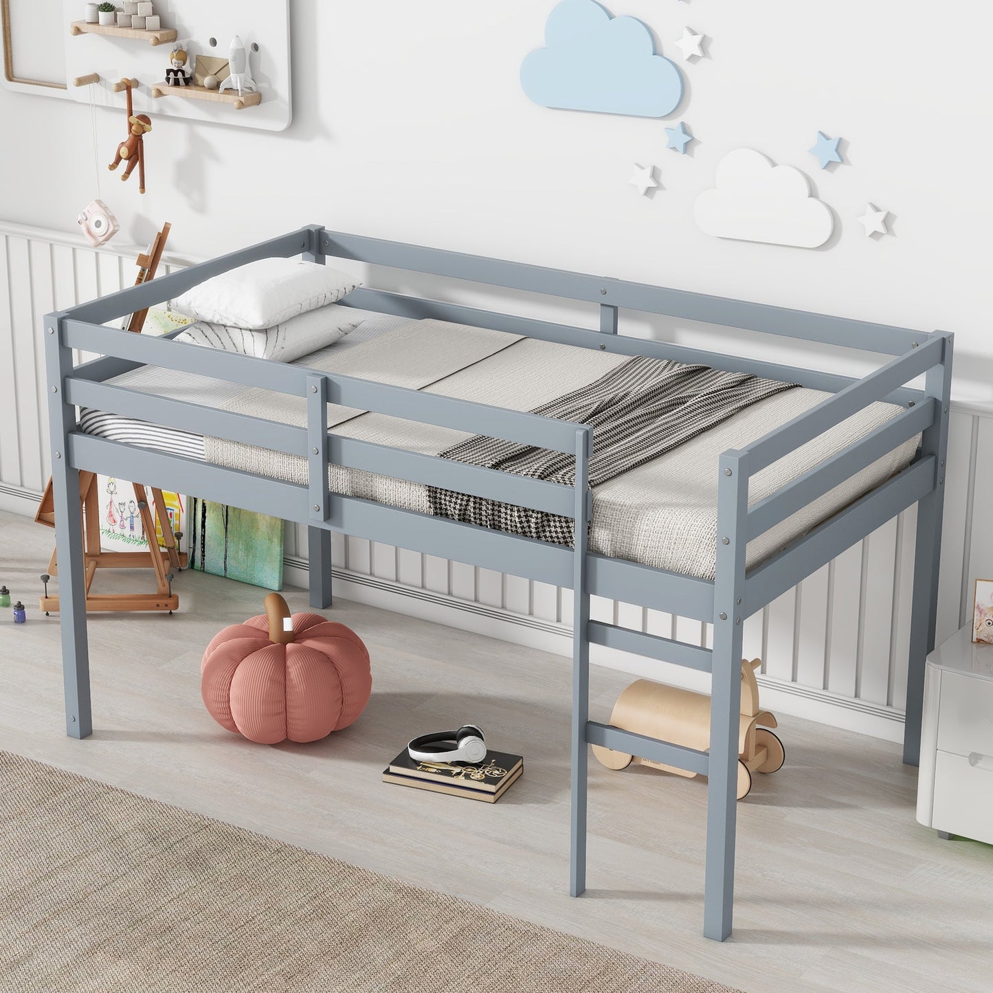 Solid Wooden, Rubber Wooden Twin Loft Bed with Ladder, Bed Platform of Strengthened Slats , Grey - 1st Choice Furniture Direct
