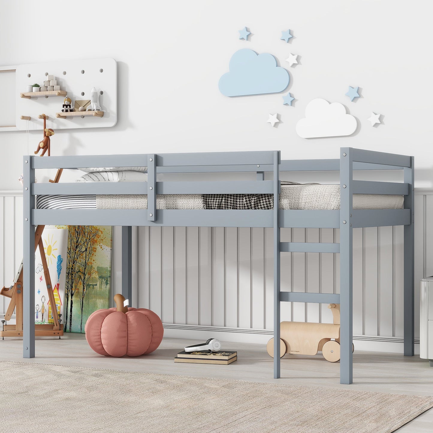 Solid Wooden, Rubber Wooden Twin Loft Bed with Ladder, Bed Platform of Strengthened Slats , Grey - 1st Choice Furniture Direct