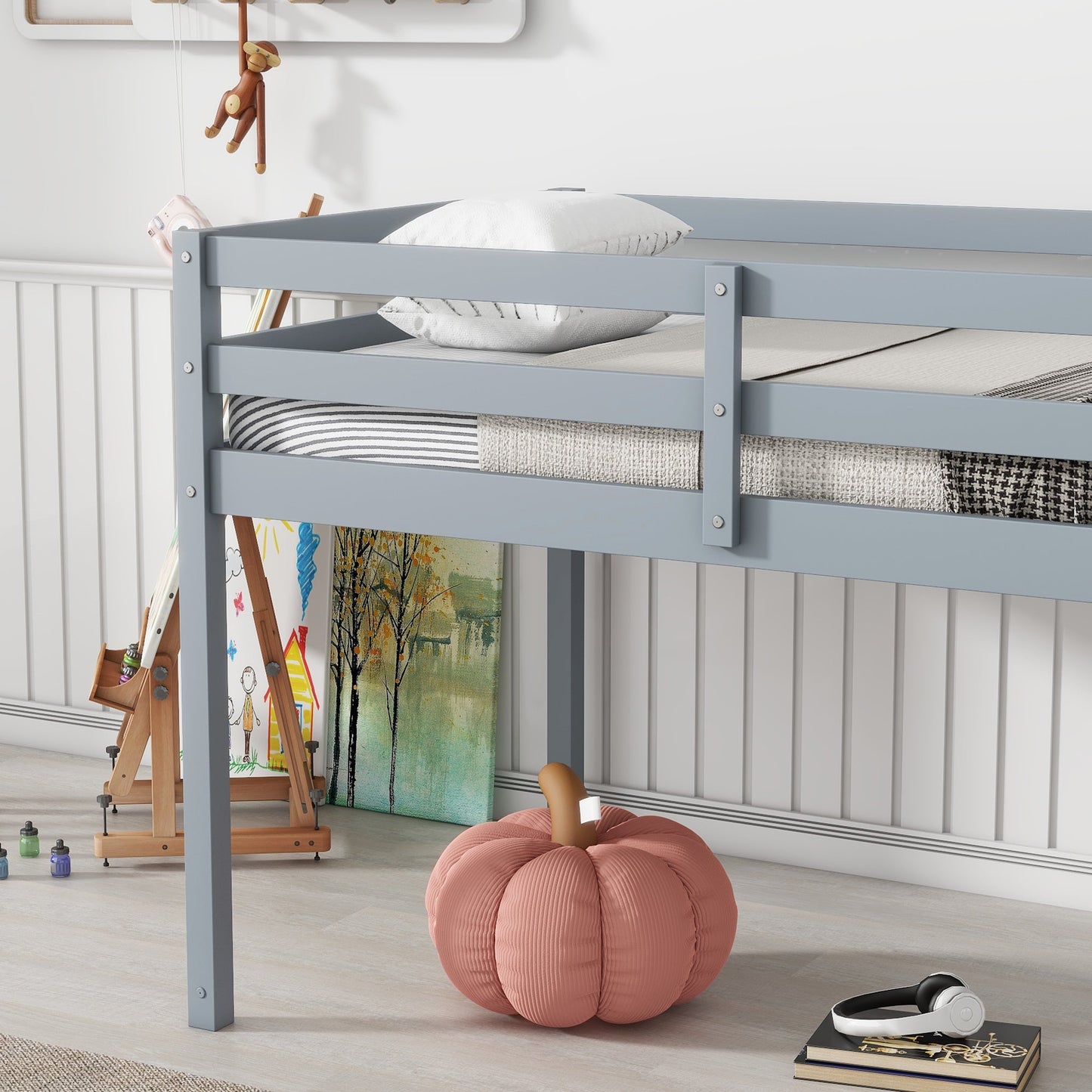 Solid Wooden, Rubber Wooden Twin Loft Bed with Ladder, Bed Platform of Strengthened Slats , Grey - 1st Choice Furniture Direct