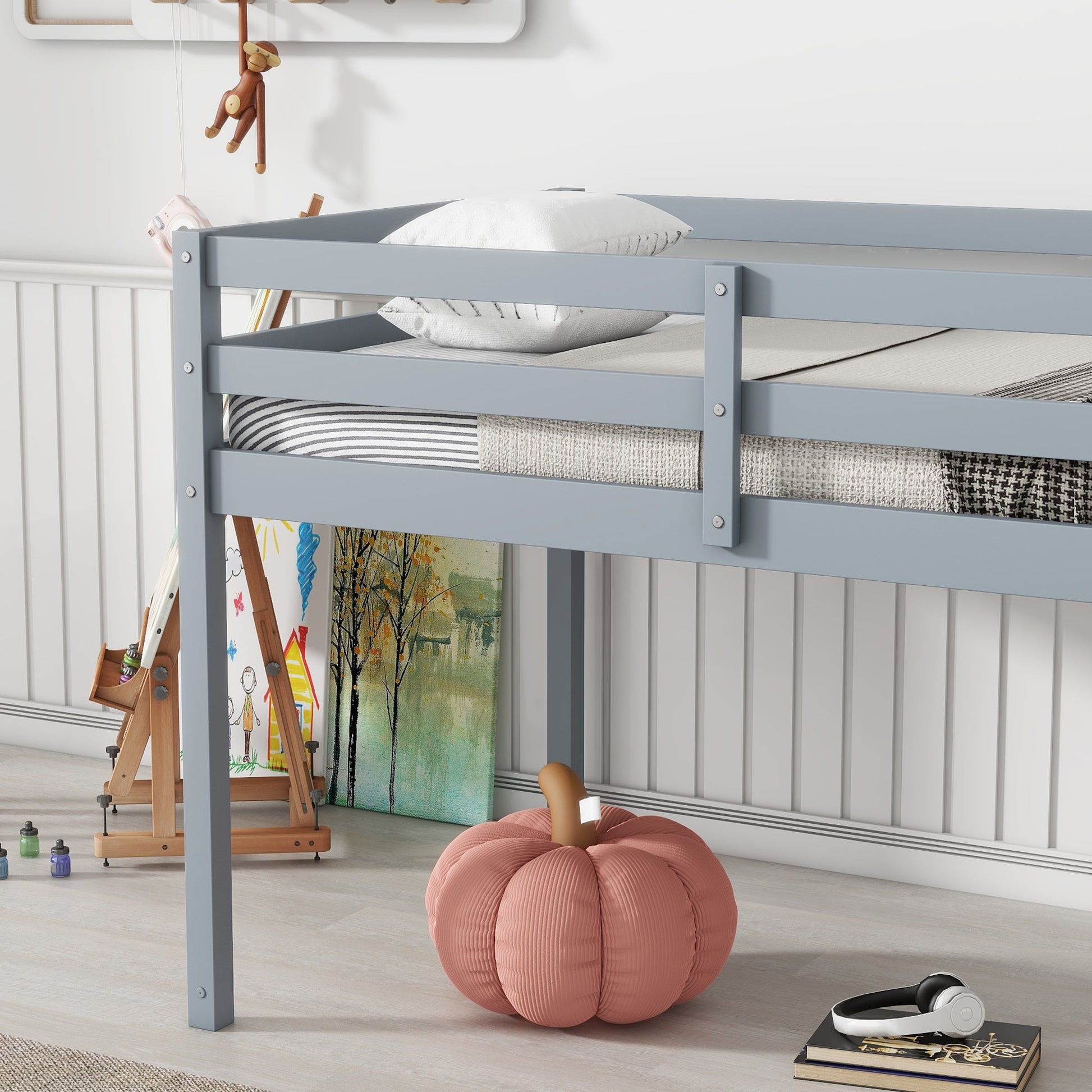 Solid Wooden, Rubber Wooden Twin Loft Bed with Ladder, Bed Platform of Strengthened Slats , Grey - 1st Choice Furniture Direct