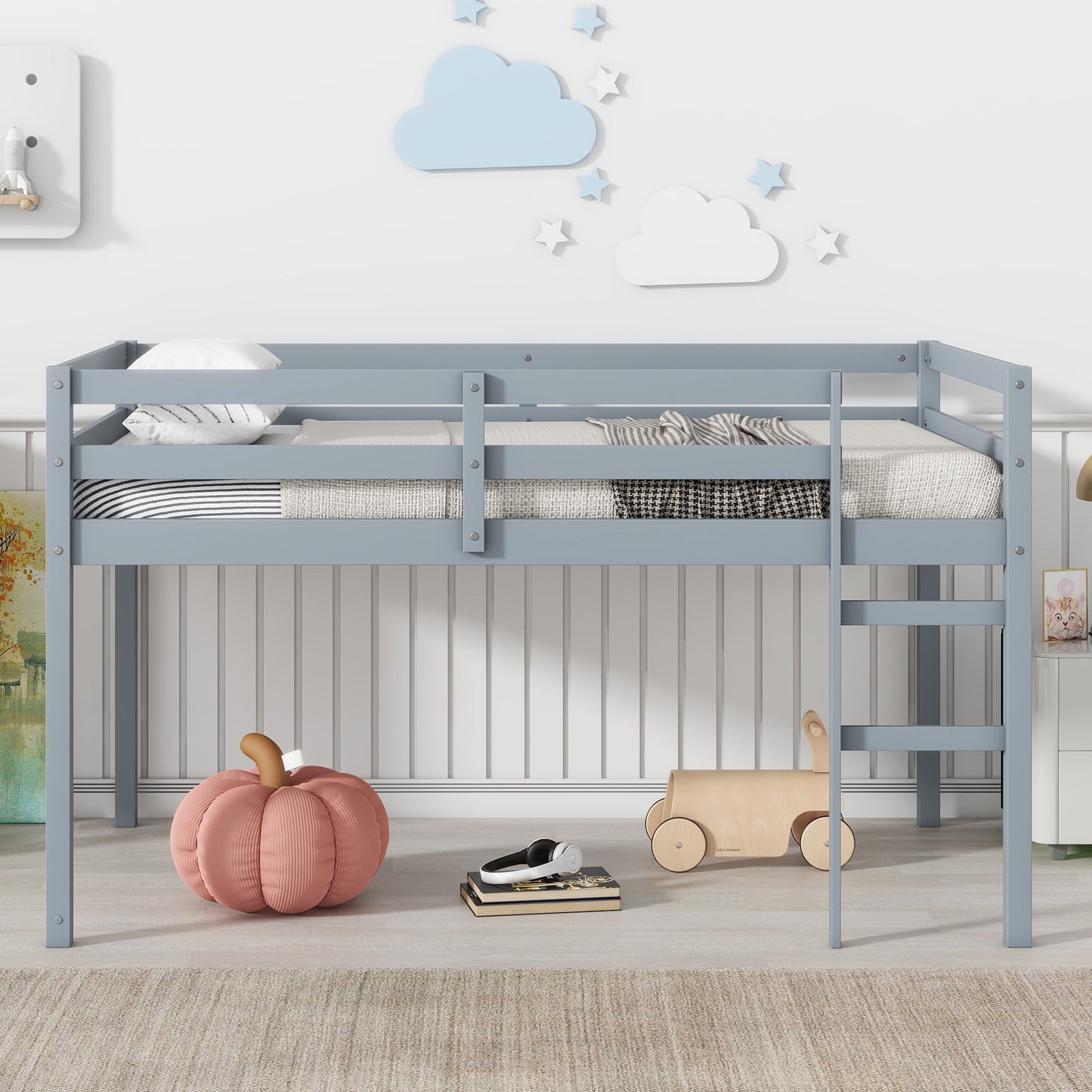 Solid Wooden, Rubber Wooden Twin Loft Bed with Ladder, Bed Platform of Strengthened Slats , Grey - 1st Choice Furniture Direct