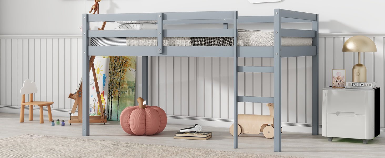 Solid Wooden, Rubber Wooden Twin Loft Bed with Ladder, Bed Platform of Strengthened Slats , Grey - 1st Choice Furniture Direct