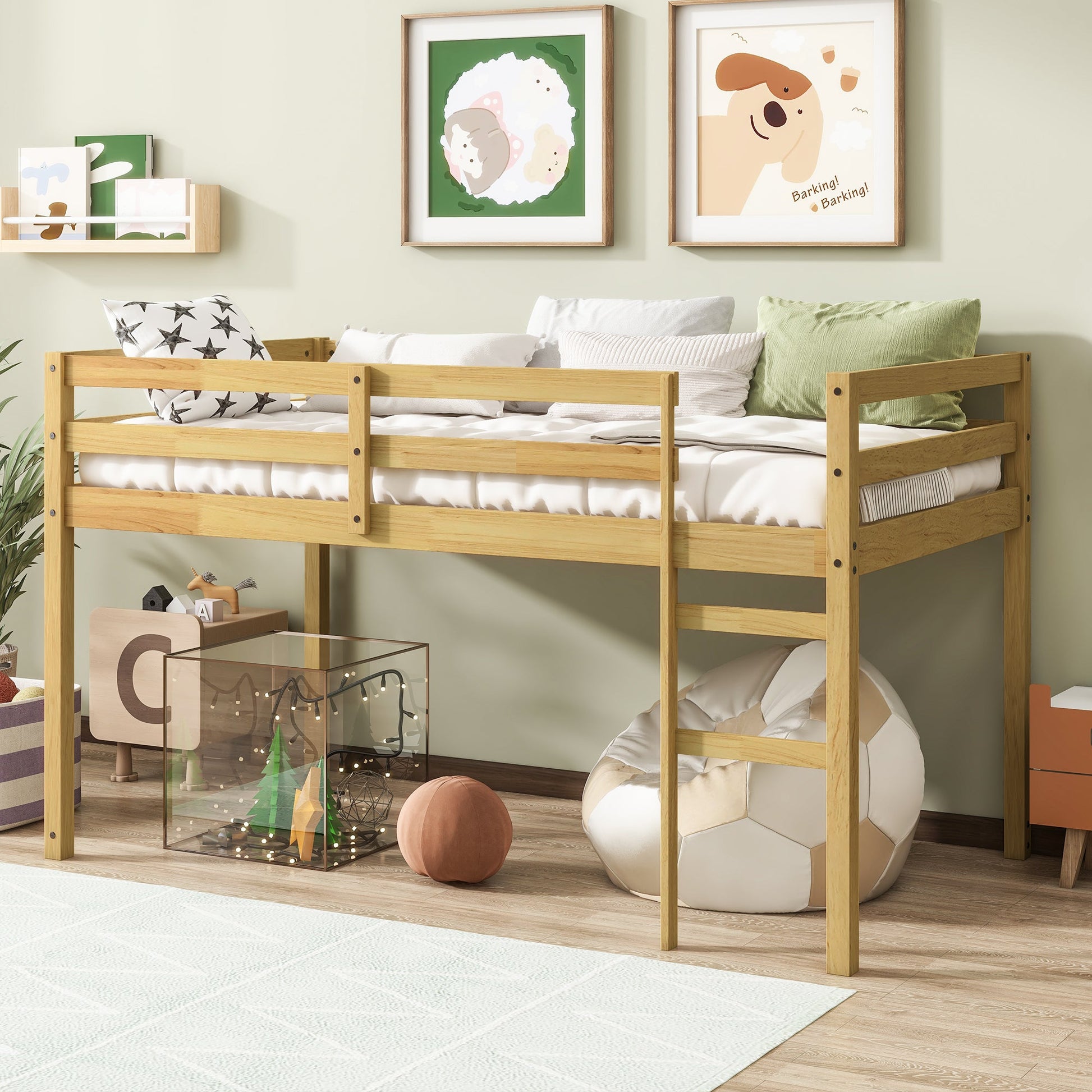 Solid Wooden, Rubber Wooden Twin Loft Bed with Ladder, Bed Platform of Strengthened Slats, Natural - 1st Choice Furniture Direct