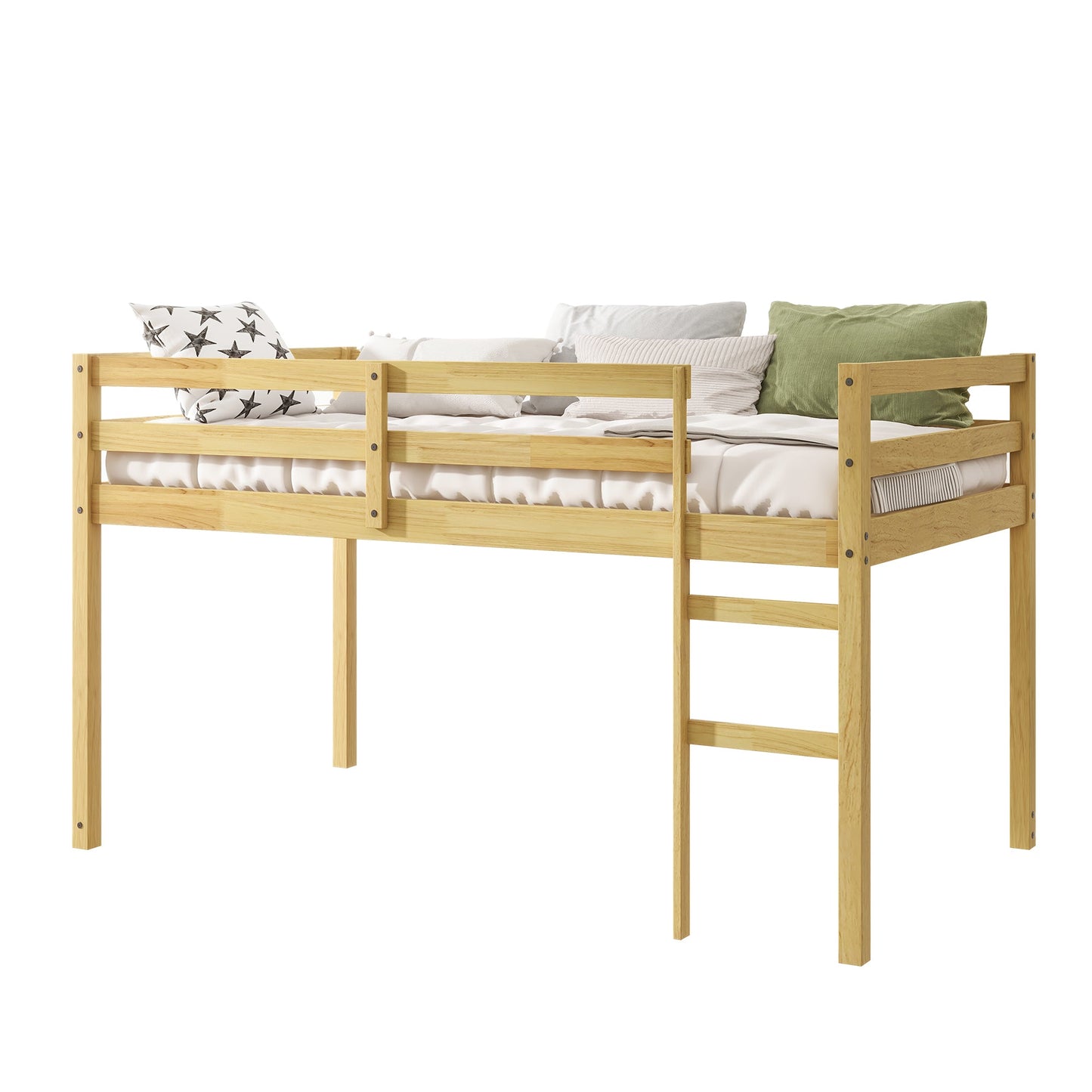 Solid Wooden, Rubber Wooden Twin Loft Bed with Ladder, Bed Platform of Strengthened Slats, Natural - 1st Choice Furniture Direct