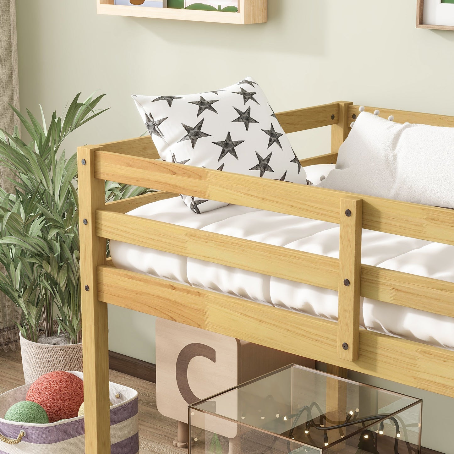 Solid Wooden, Rubber Wooden Twin Loft Bed with Ladder, Bed Platform of Strengthened Slats, Natural - 1st Choice Furniture Direct