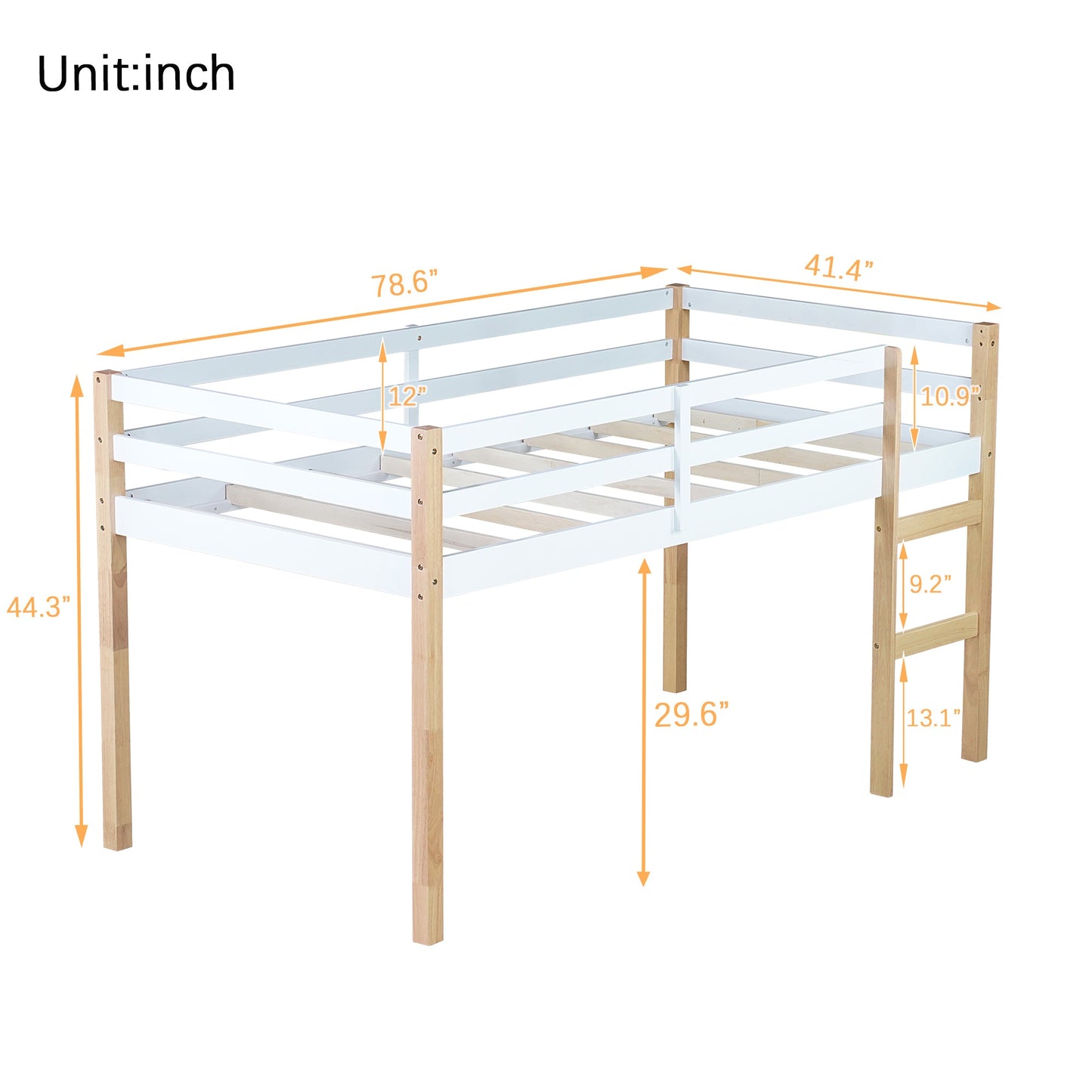 Solid Wooden, Rubber Wooden Twin Loft Bed with Ladder, Bed Platform of Strengthened Slats,Natural-white - 1st Choice Furniture Direct