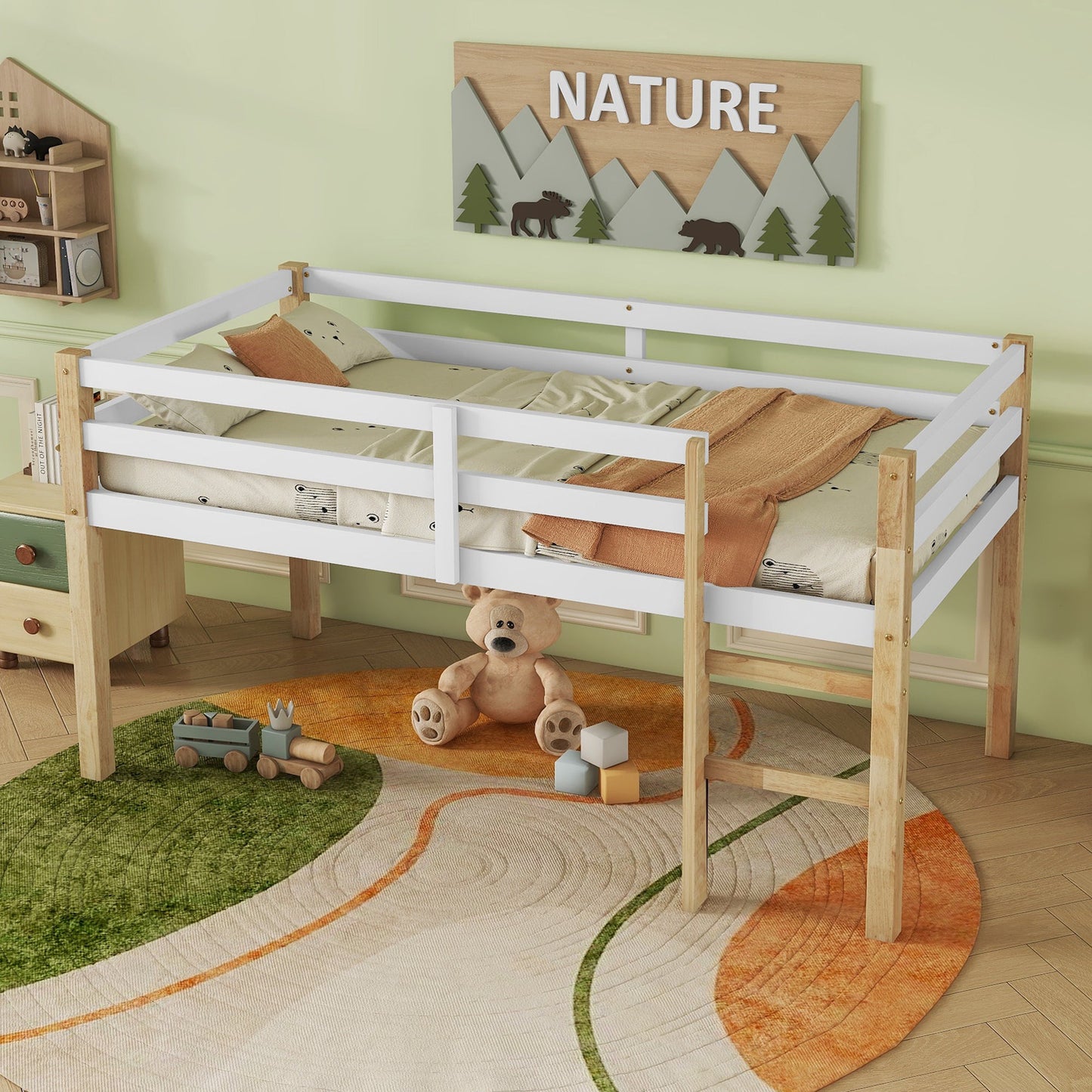 Solid Wooden, Rubber Wooden Twin Loft Bed with Ladder, Bed Platform of Strengthened Slats,Natural-white - 1st Choice Furniture Direct