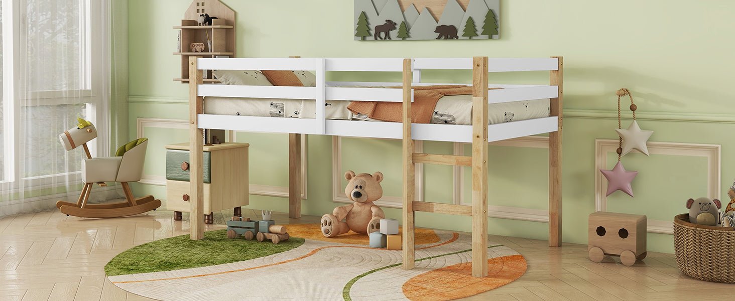 Solid Wooden, Rubber Wooden Twin Loft Bed with Ladder, Bed Platform of Strengthened Slats,Natural-white - 1st Choice Furniture Direct