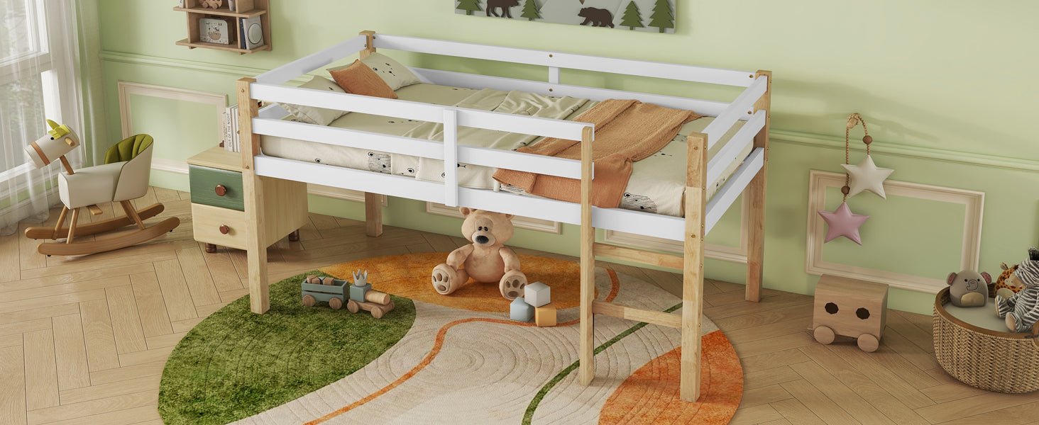Solid Wooden, Rubber Wooden Twin Loft Bed with Ladder, Bed Platform of Strengthened Slats,Natural-white - 1st Choice Furniture Direct