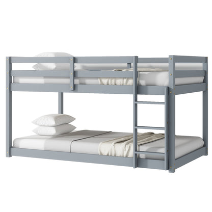 Solid Wooden , Solid Rubber Wooden Twin over Twin Floor Bunk Bed with Ladder ,Upper and Bottom Bed Platforms crafted with Strengthened Slats ,Grey - 1st Choice Furniture Direct