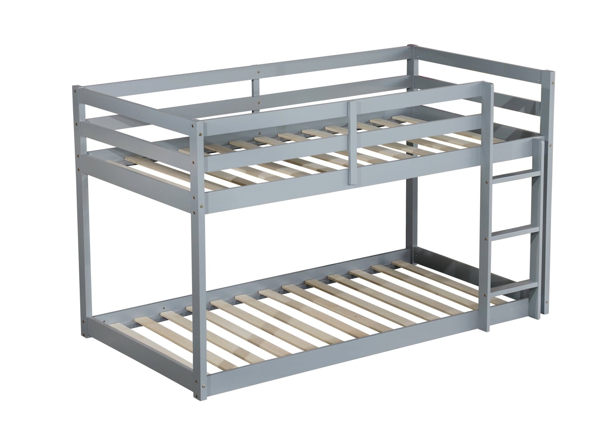 Solid Wooden , Solid Rubber Wooden Twin over Twin Floor Bunk Bed with Ladder ,Upper and Bottom Bed Platforms crafted with Strengthened Slats ,Grey - 1st Choice Furniture Direct