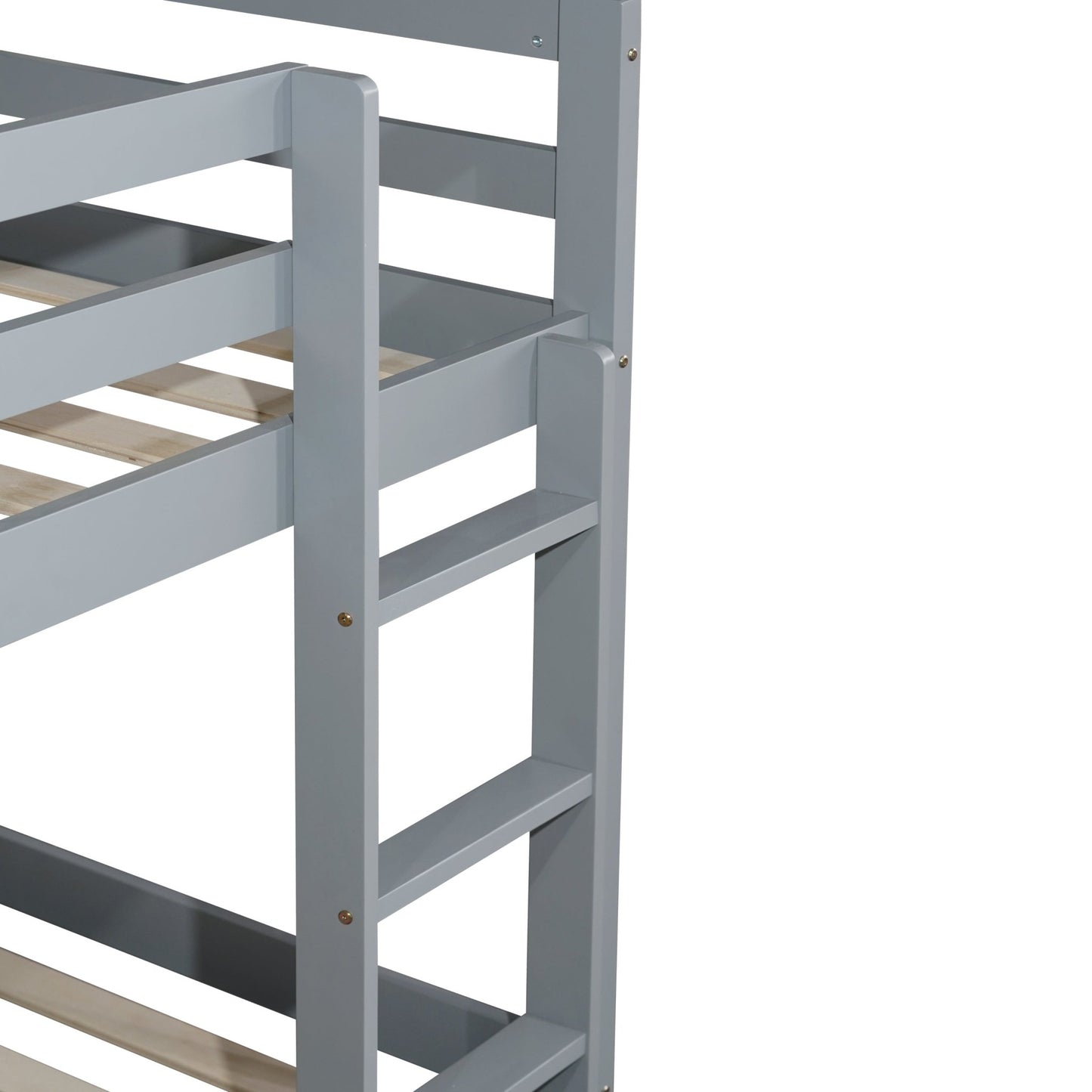 Solid Wooden , Solid Rubber Wooden Twin over Twin Floor Bunk Bed with Ladder ,Upper and Bottom Bed Platforms crafted with Strengthened Slats ,Grey - 1st Choice Furniture Direct