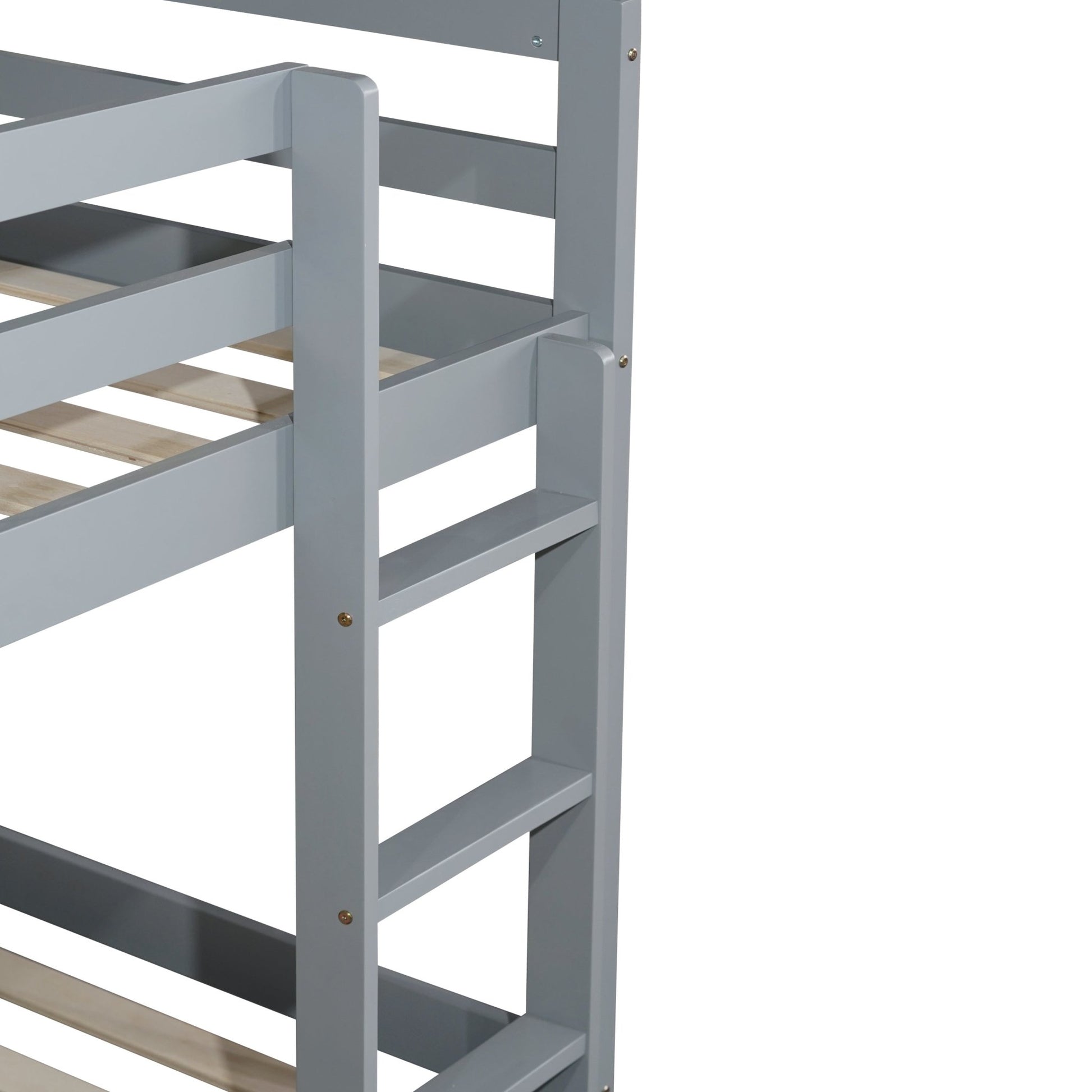Solid Wooden , Solid Rubber Wooden Twin over Twin Floor Bunk Bed with Ladder ,Upper and Bottom Bed Platforms crafted with Strengthened Slats ,Grey - 1st Choice Furniture Direct