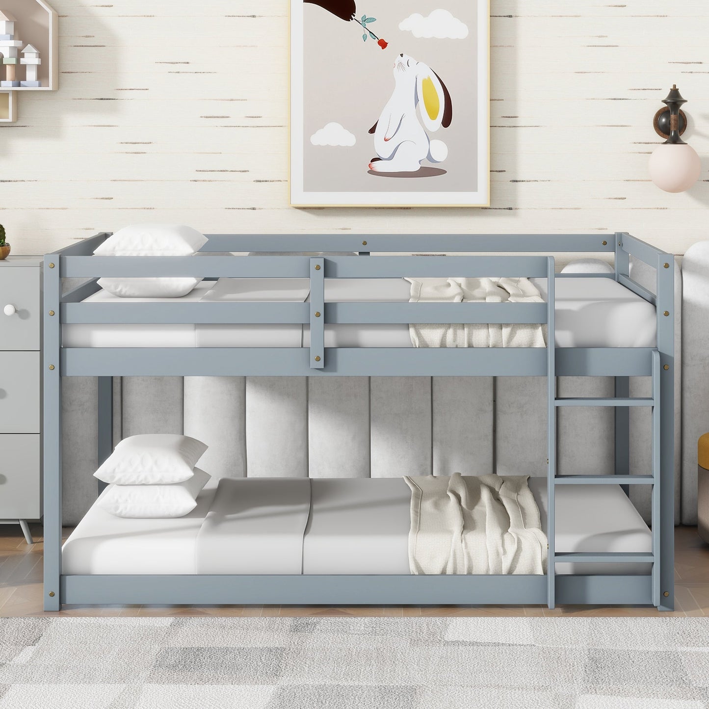 Solid Wooden , Solid Rubber Wooden Twin over Twin Floor Bunk Bed with Ladder ,Upper and Bottom Bed Platforms crafted with Strengthened Slats ,Grey - 1st Choice Furniture Direct