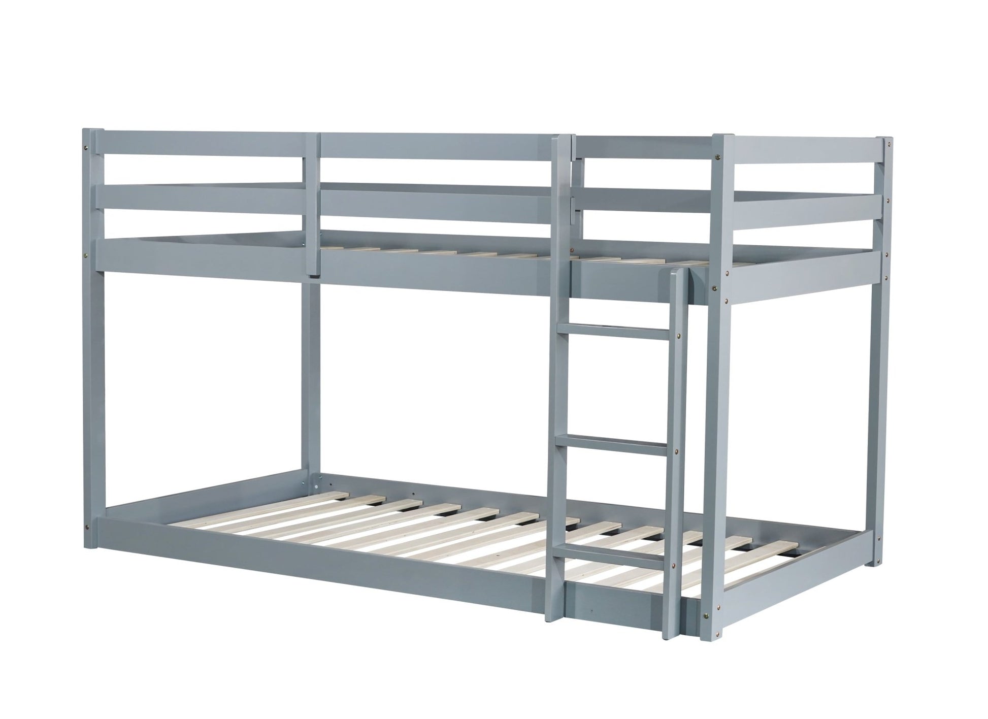 Solid Wooden , Solid Rubber Wooden Twin over Twin Floor Bunk Bed with Ladder ,Upper and Bottom Bed Platforms crafted with Strengthened Slats ,Grey - 1st Choice Furniture Direct