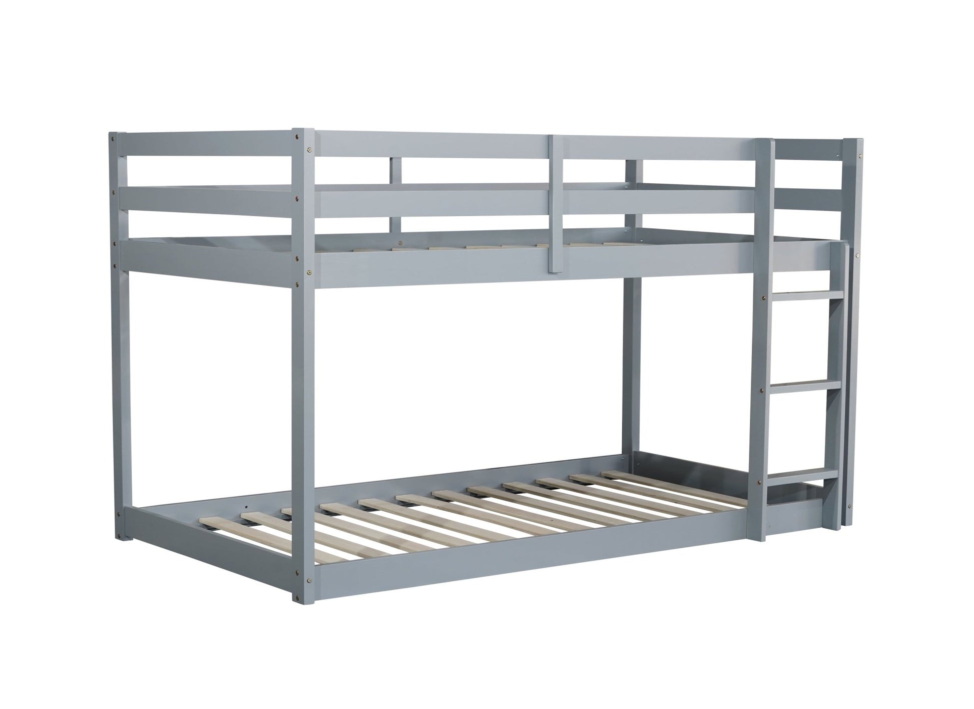 Solid Wooden , Solid Rubber Wooden Twin over Twin Floor Bunk Bed with Ladder ,Upper and Bottom Bed Platforms crafted with Strengthened Slats ,Grey - 1st Choice Furniture Direct