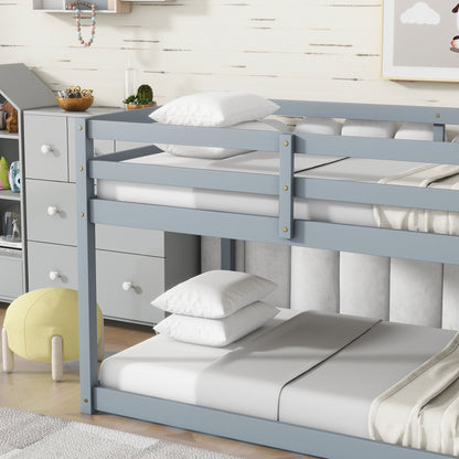 Solid Wooden , Solid Rubber Wooden Twin over Twin Floor Bunk Bed with Ladder ,Upper and Bottom Bed Platforms crafted with Strengthened Slats ,Grey - 1st Choice Furniture Direct