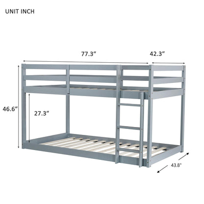 Solid Wooden , Solid Rubber Wooden Twin over Twin Floor Bunk Bed with Ladder ,Upper and Bottom Bed Platforms crafted with Strengthened Slats ,Grey - 1st Choice Furniture Direct