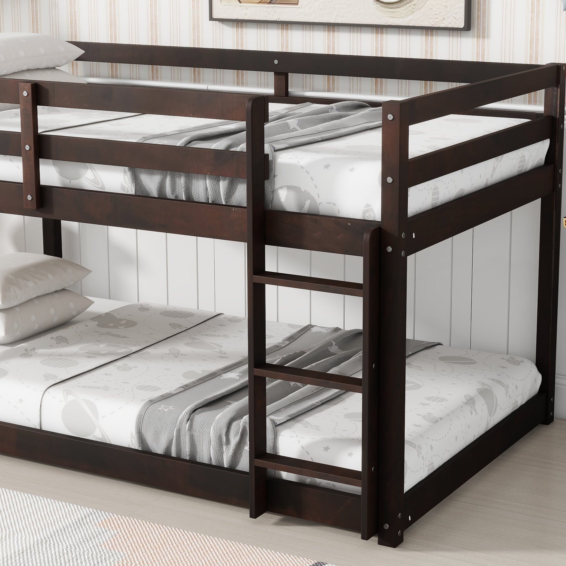 Solid Wooden, Solid Rubber Wooden Twin over Twin Floor Bunk Bed with Ladder, with Bed Platform of Strengthened Slats , Espresso - 1st Choice Furniture Direct