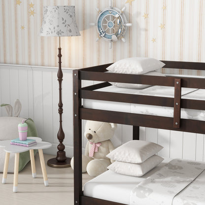 Solid Wooden, Solid Rubber Wooden Twin over Twin Floor Bunk Bed with Ladder, with Bed Platform of Strengthened Slats , Espresso - 1st Choice Furniture Direct