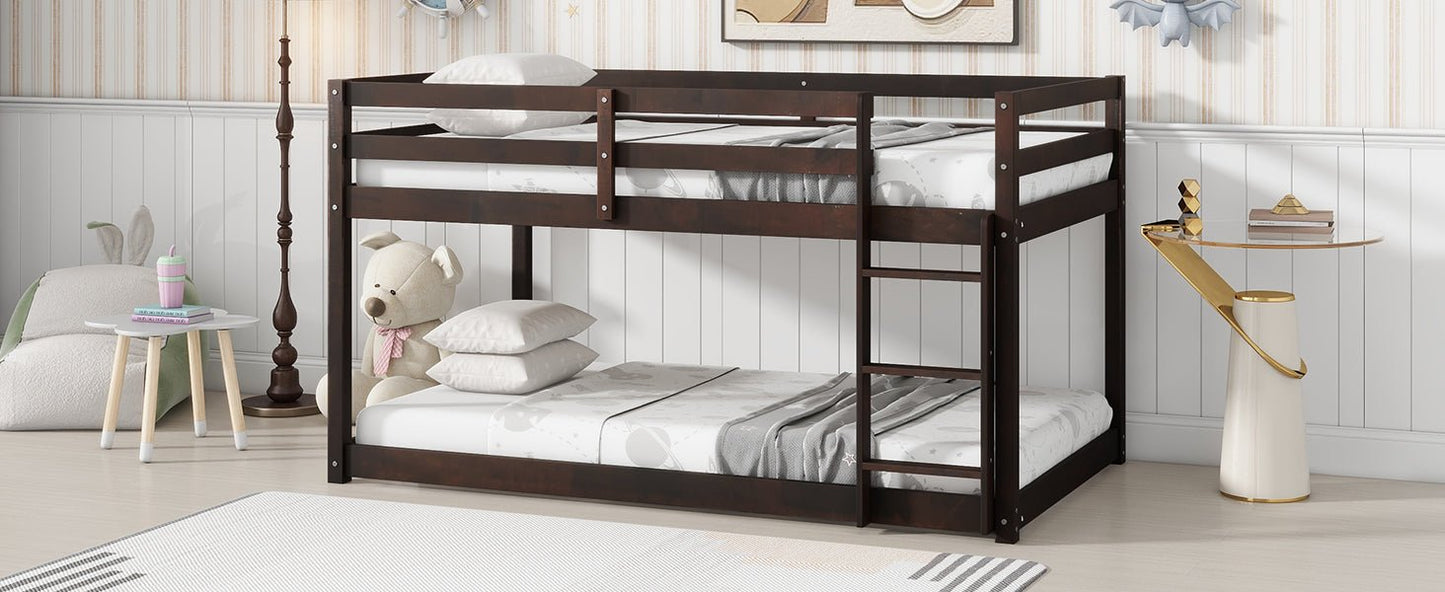 Solid Wooden, Solid Rubber Wooden Twin over Twin Floor Bunk Bed with Ladder, with Bed Platform of Strengthened Slats , Espresso - 1st Choice Furniture Direct